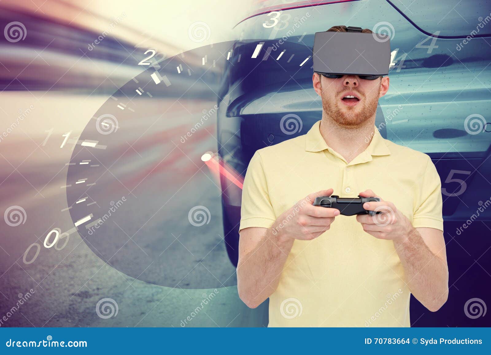 Man in Virtual Reality Headset and Car Racing Game Stock Photo Image
