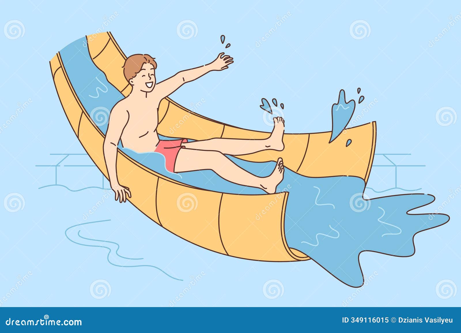 man visitor to aquapark ride on water slide, enjoying summer holiday and being able to cool down