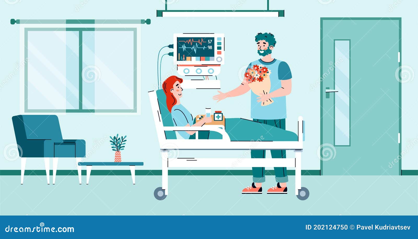 man visits convalescent patient in a hospital room, cartoon  .
