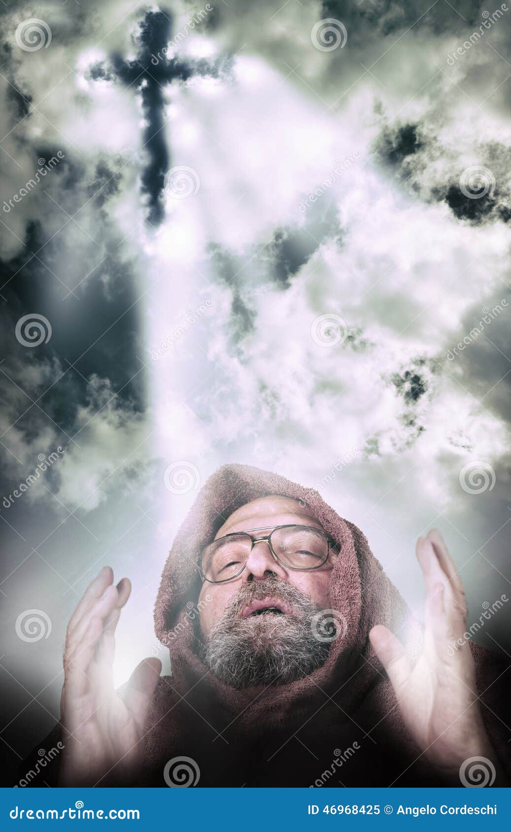 Man Vocation Illuminted by Cross Light from the Clouds Stock Image photo