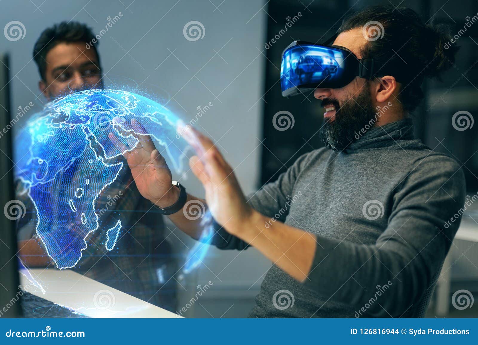 Man in Vr Headset with Earth Hologram at Office Stock Photo Image of