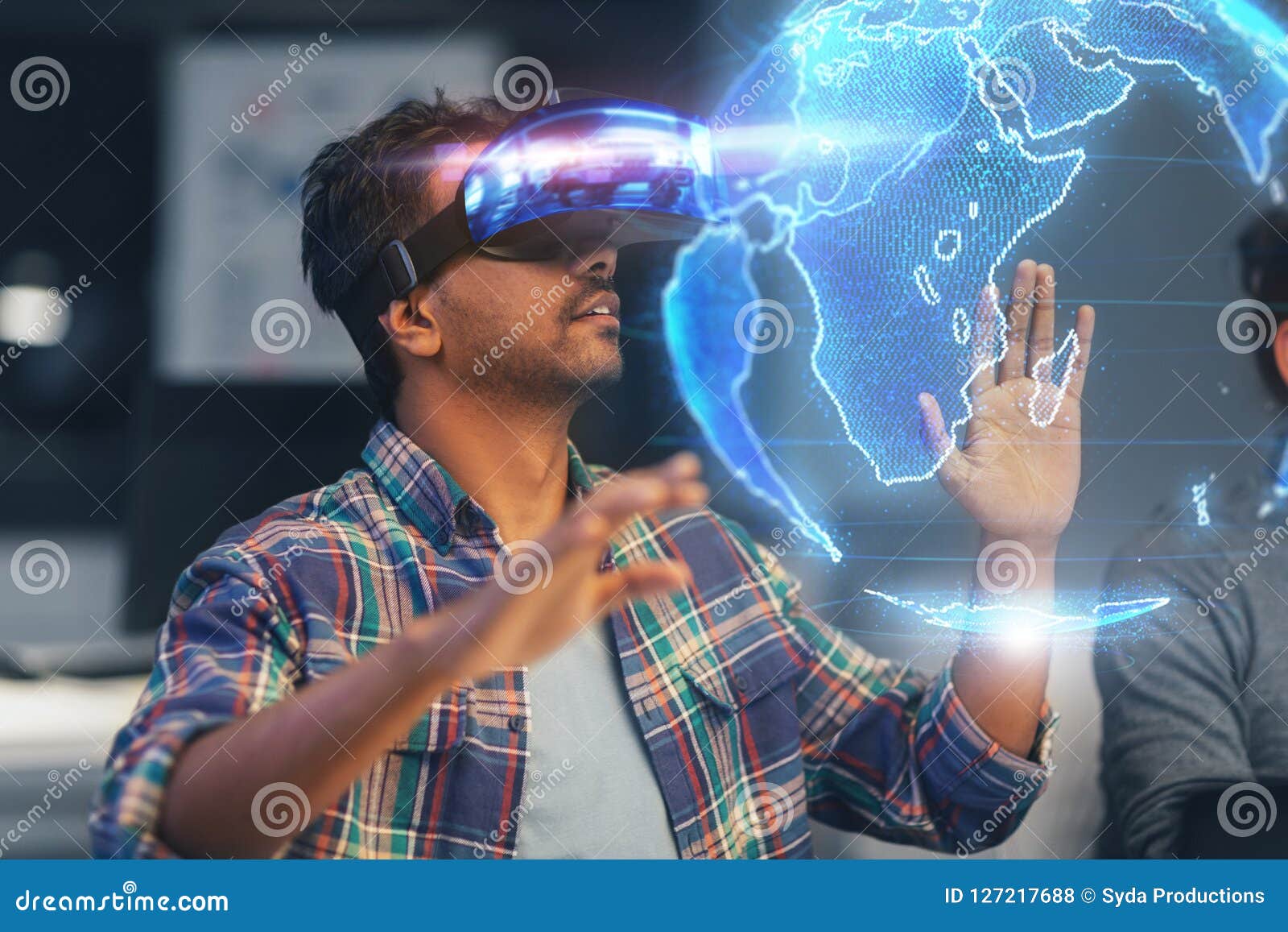 Man in Vr Headset with Earth Hologram at Office Stock Photo Image of