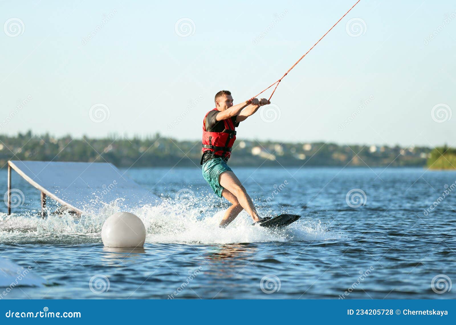 Man Wakeboarding on River. Extreme Water Sport Stock Photo Image of