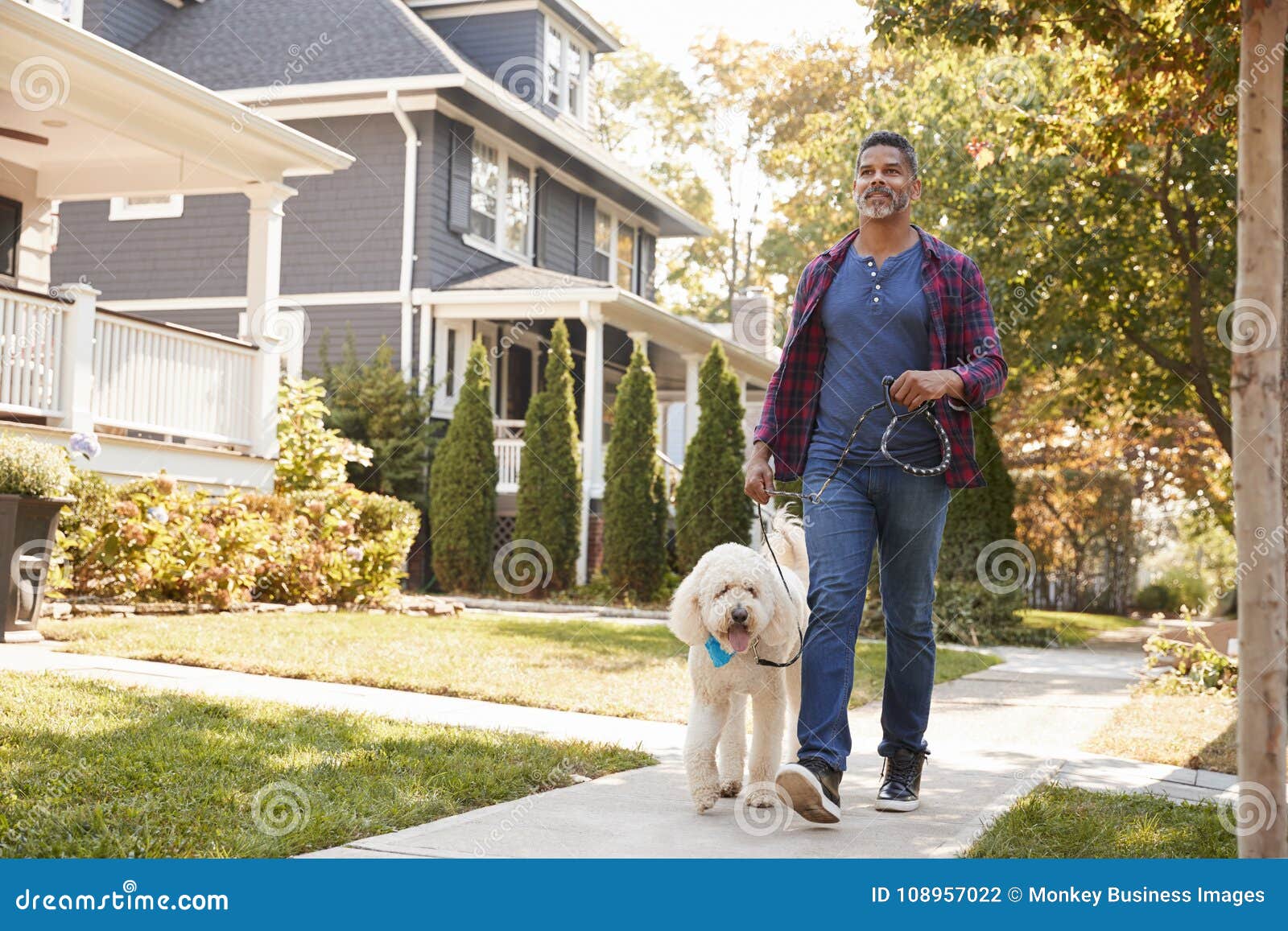 man walking dog along suburban street