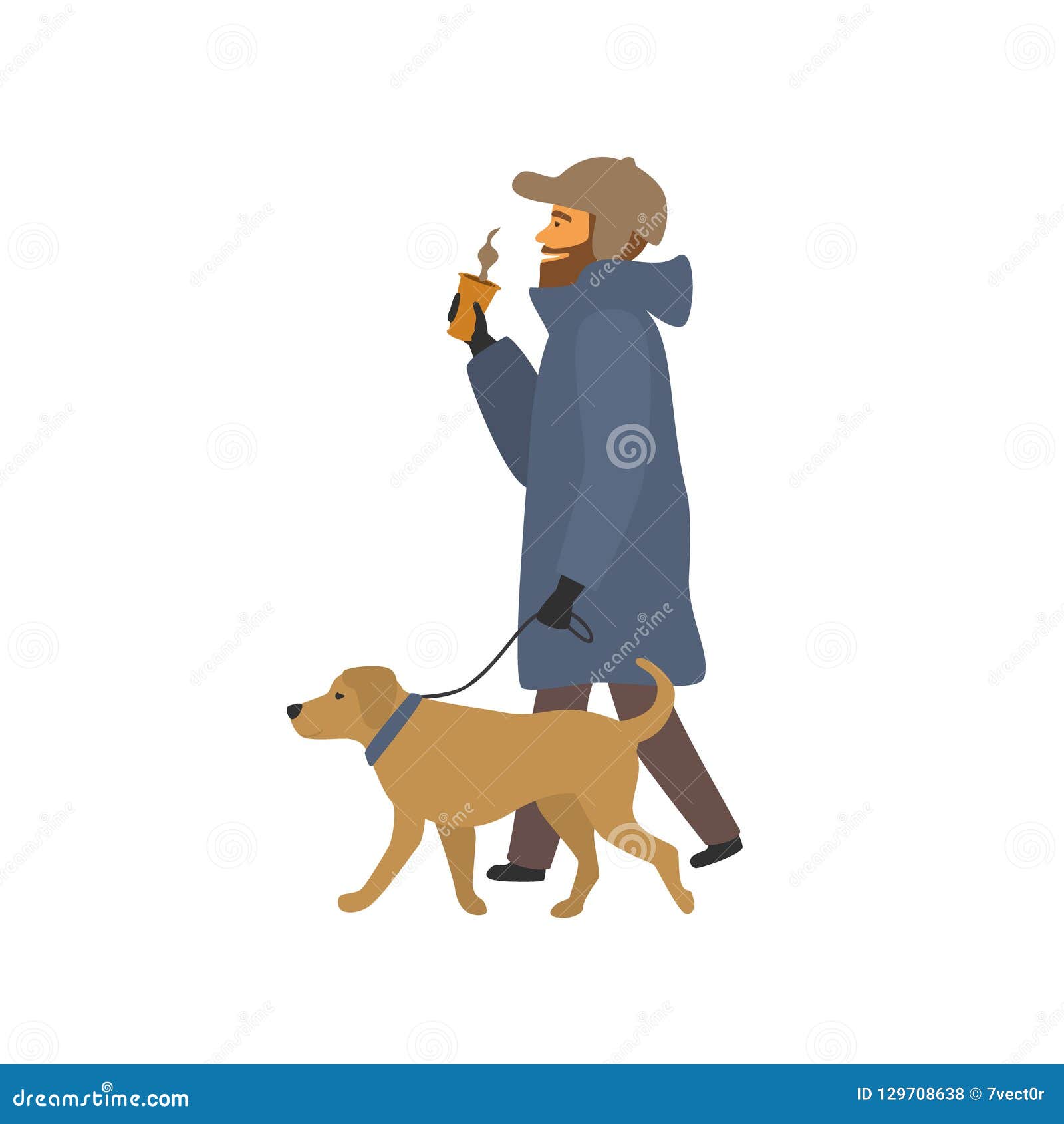 Man Walking With Dog Drinking Coffee On The Way Stock Vector Illustration Of Park Modern 129708638