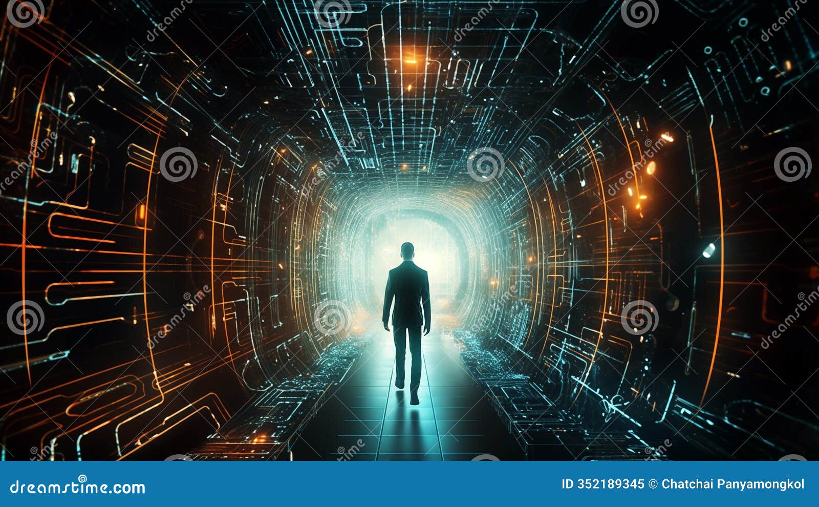 business man walking through a futuristic tunnel illuminated by glowing digital patterns in a sci-fi environment.