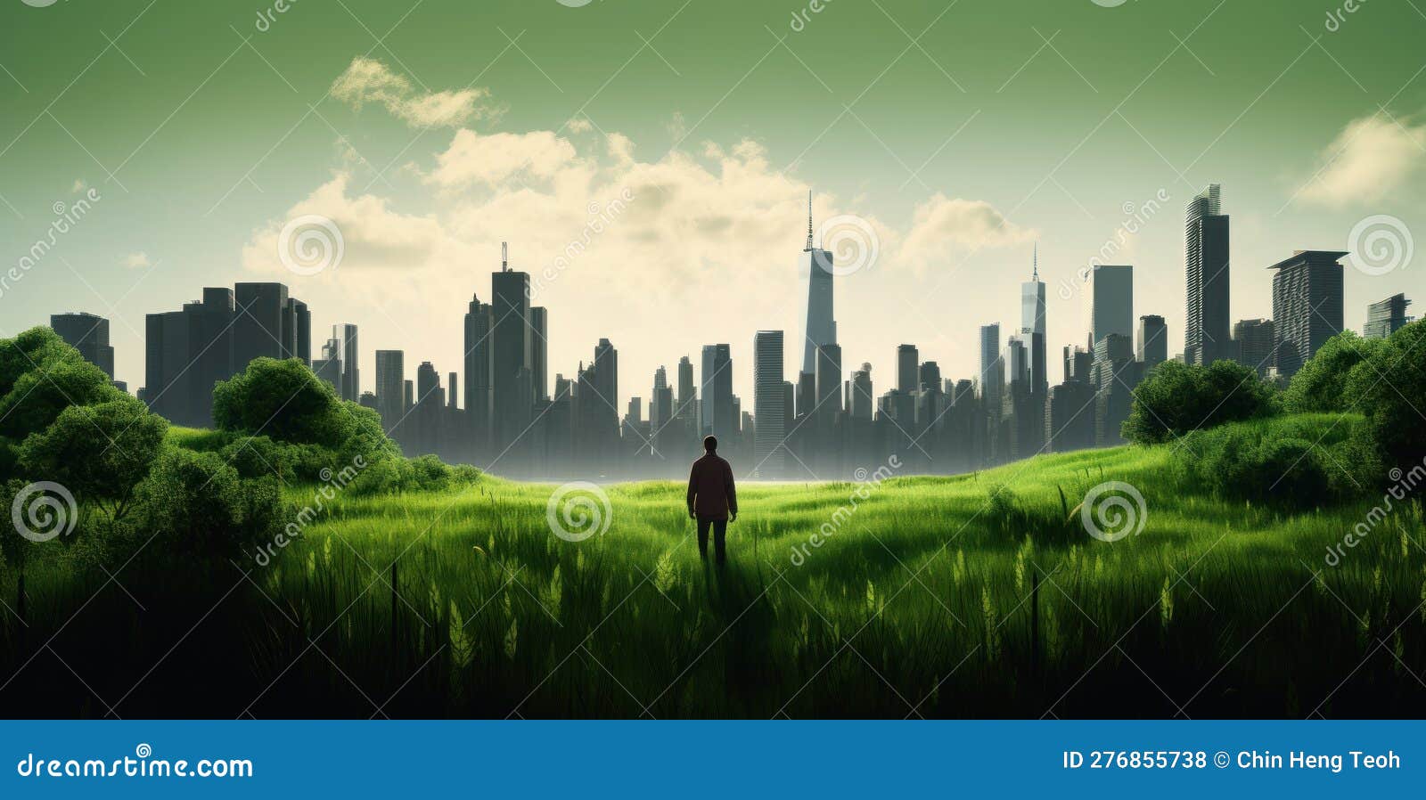 man walking on the green grass and cityscape background, generative aigenerative ai 