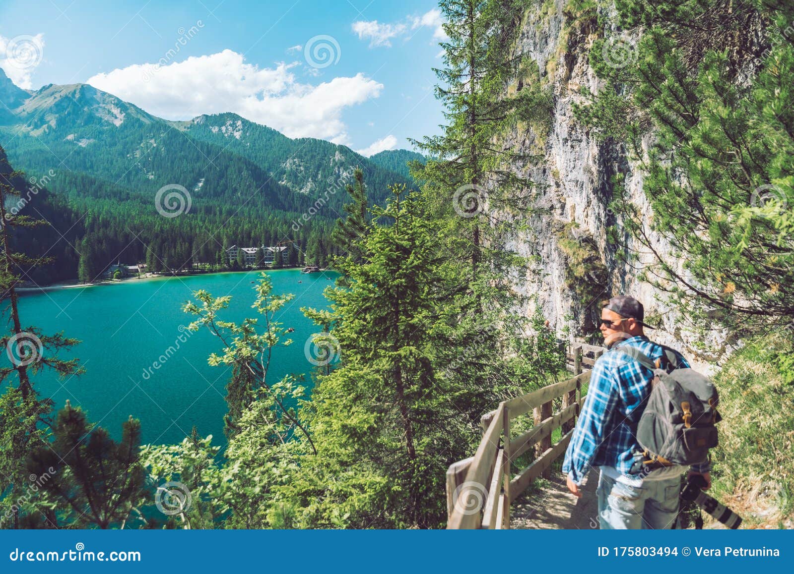 Man Walking by Hiking Trail Around Braies Lake in Italy Dolomites ...