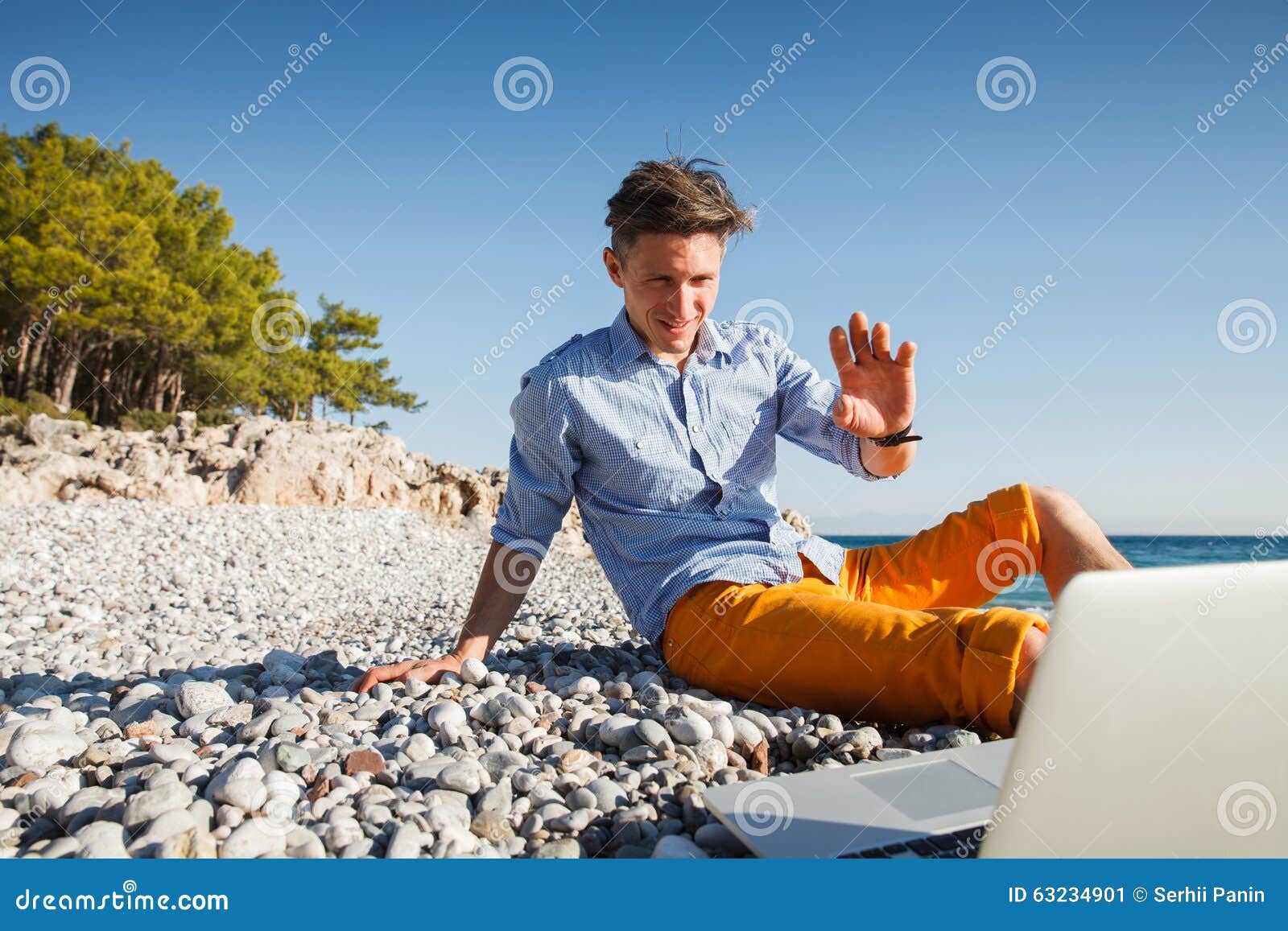 Man Walking with Laptop Computer by the Sea Coast Stock Image - Image ...