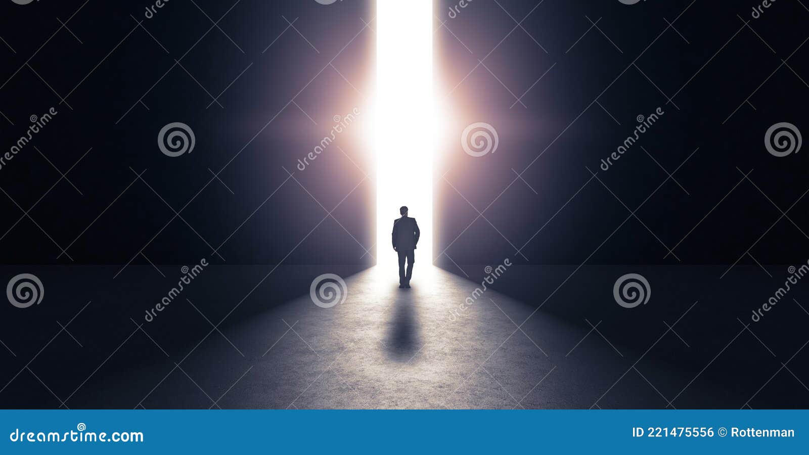 man walking towards light. conceipt background. 3d