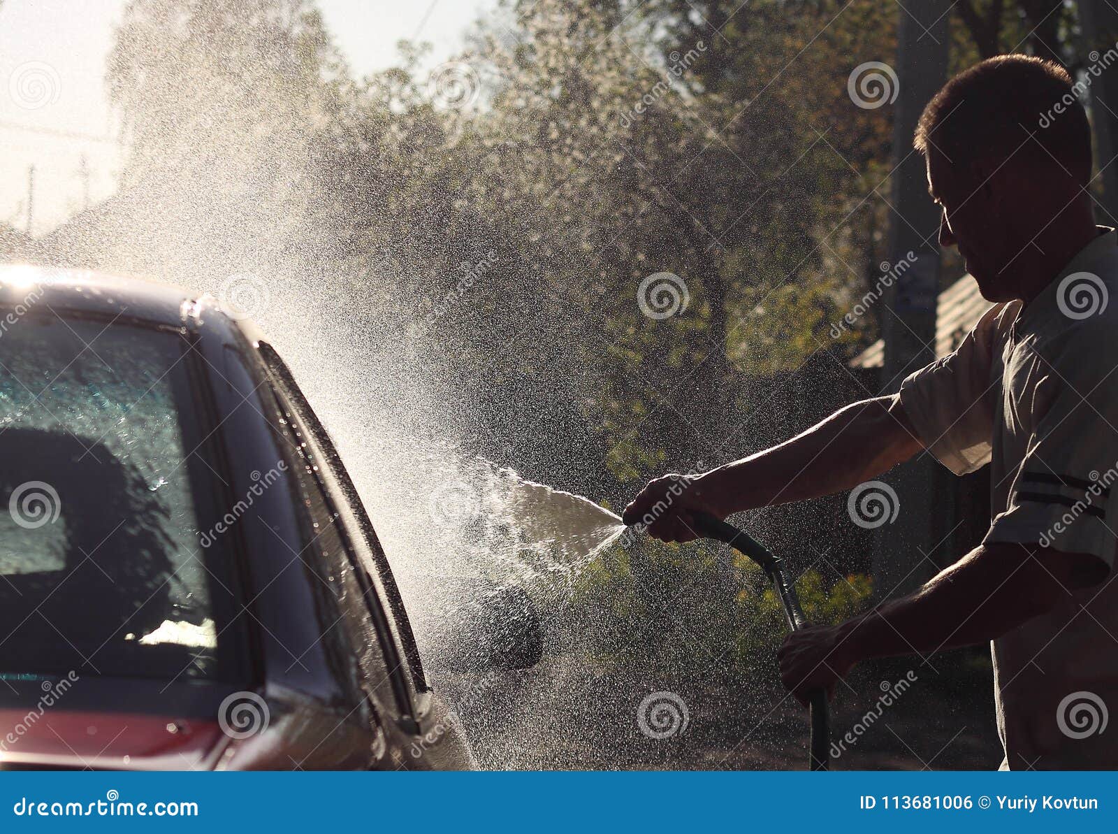 Man Washes Car Hose Big Head Spray Stock Photo Image of people, hands