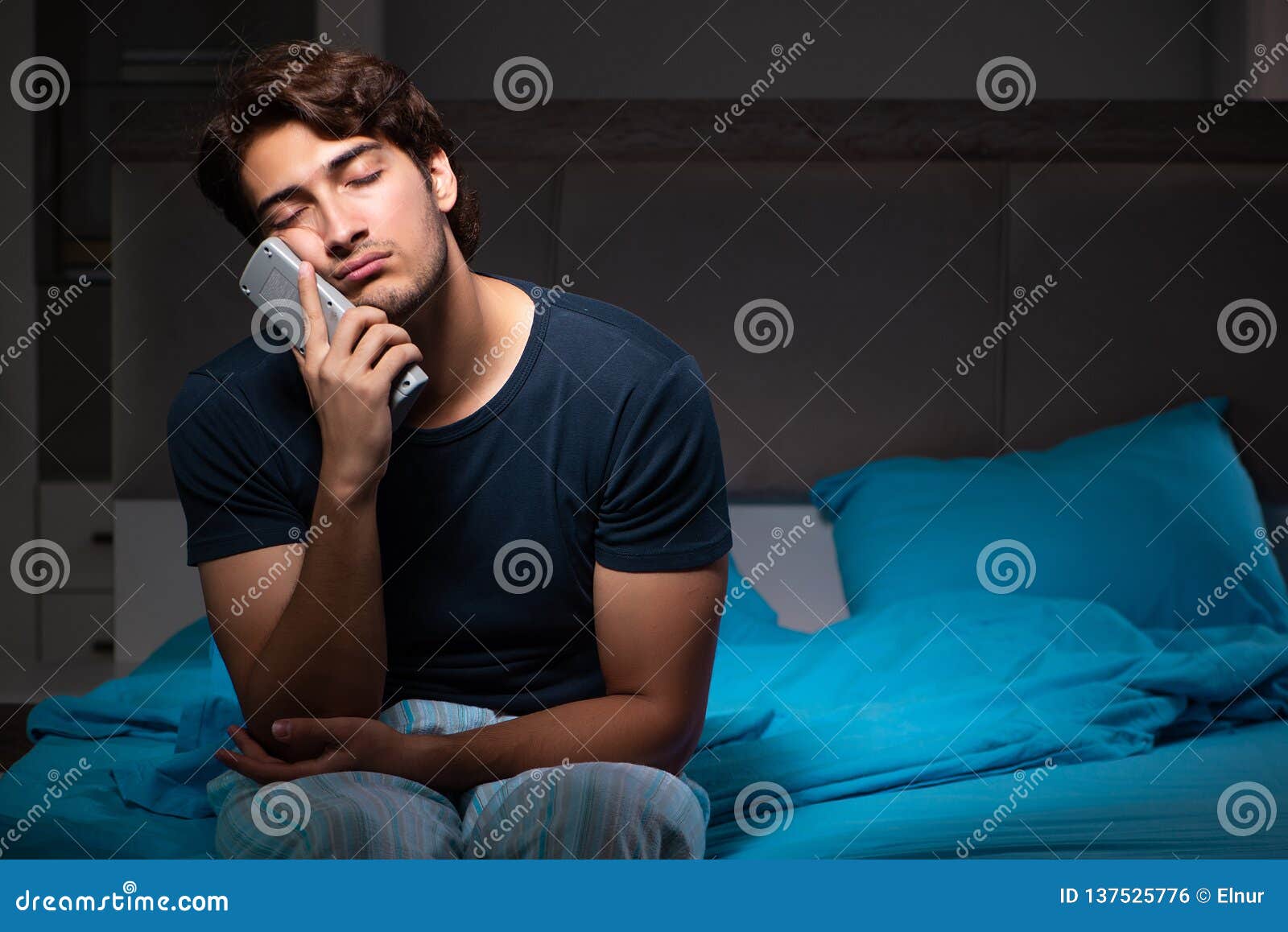 The Man  Watching  Tv  At Night  In Bed Stock Photo Image of 