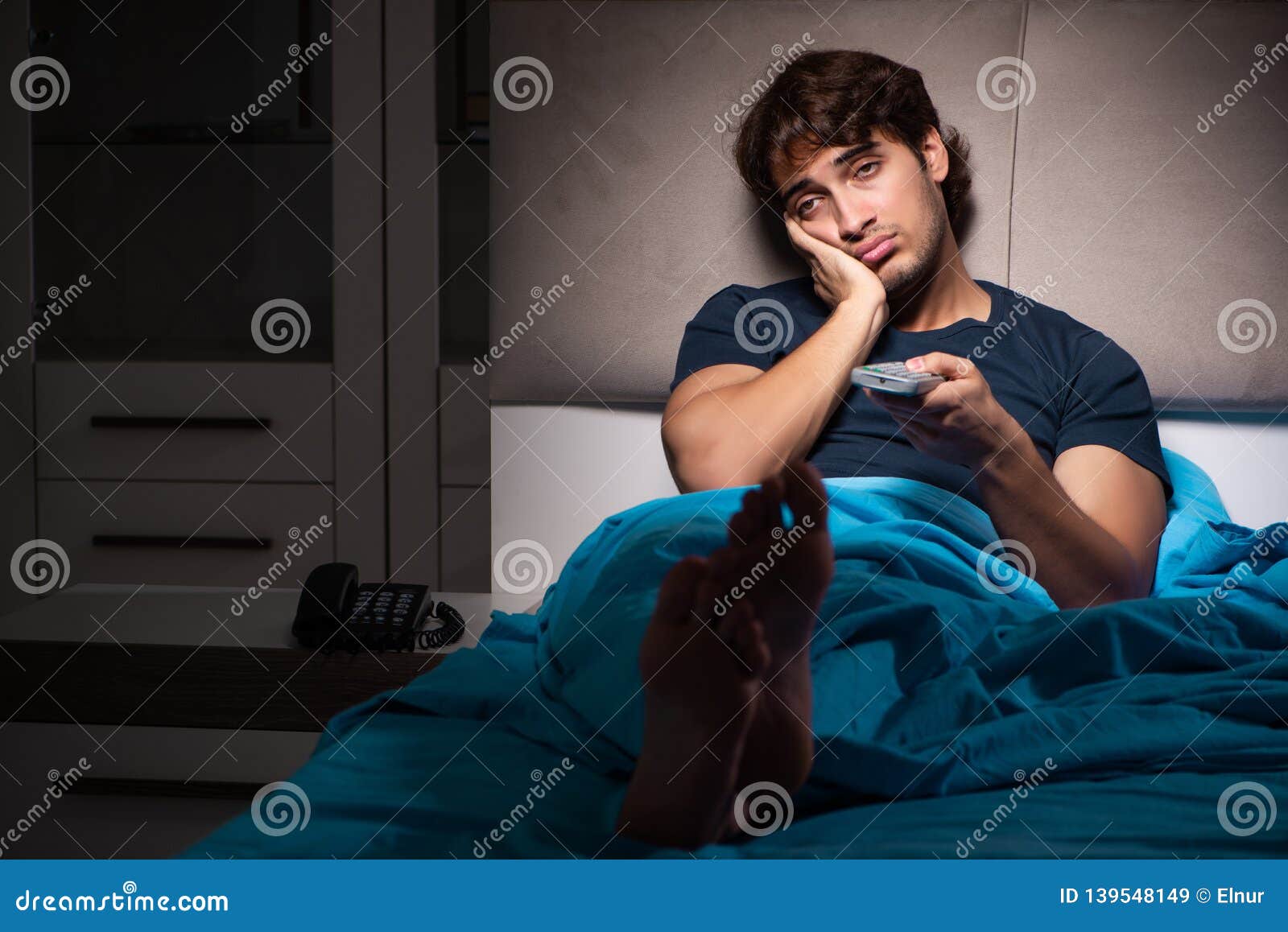 The Man  Watching  Tv  At Night  In Bed Stock Image Image of 