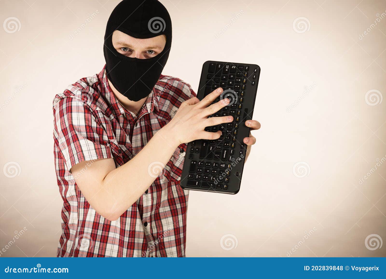 Man Wearing Balaclava Holding Keyboard Stock Photo Image of cyber