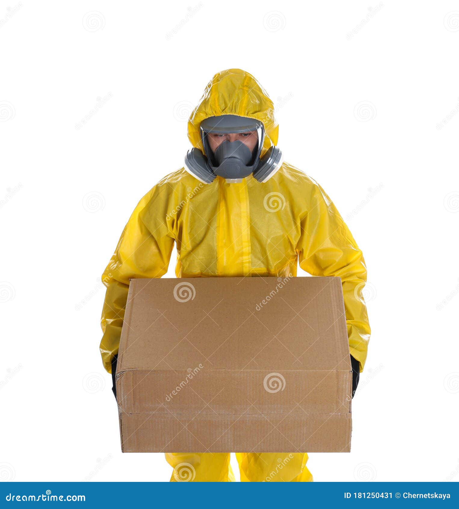 Download Man Wearing Chemical Protective Suit With Cardboard Box On ...
