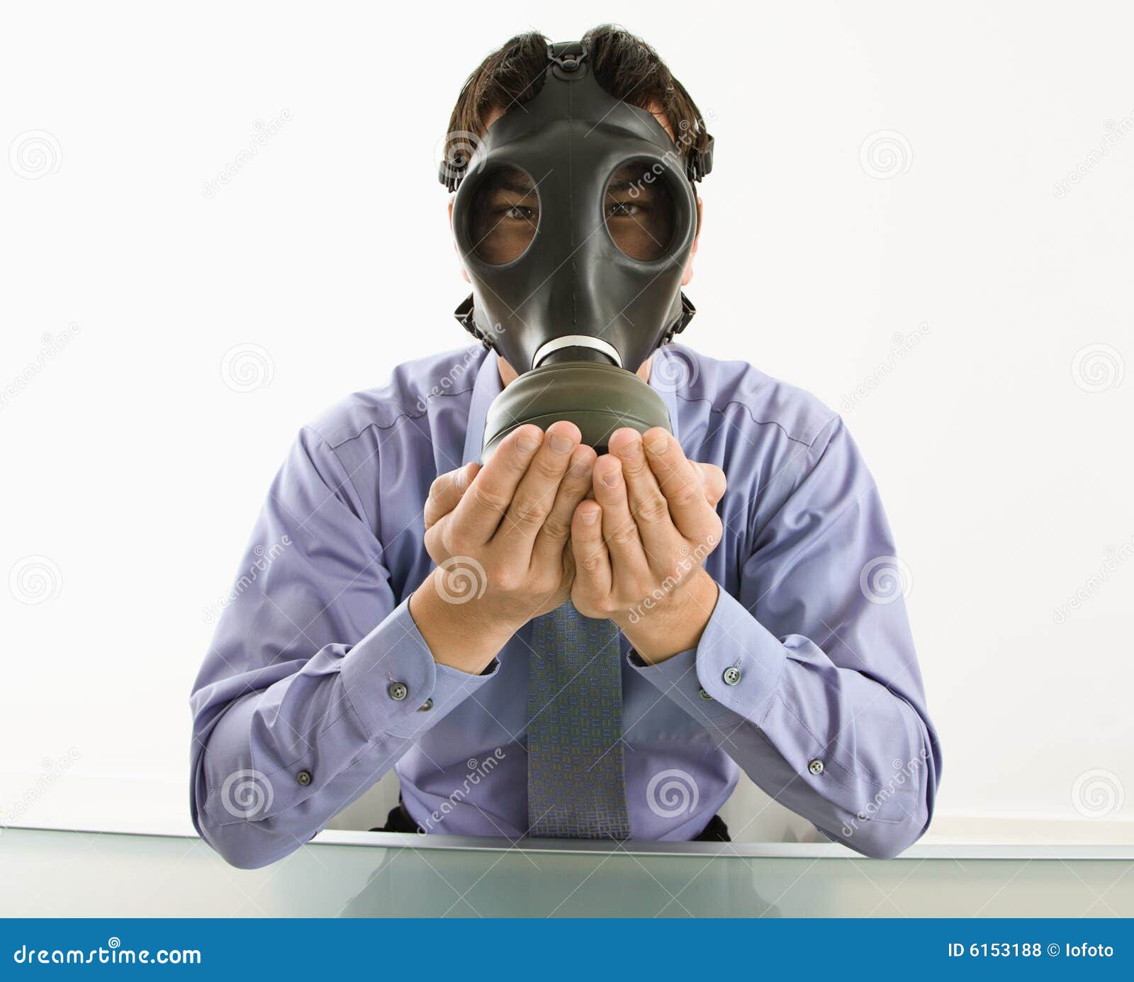 Man Wearing Gas Mask with Hands Over - Image of mask, evil: 6153188