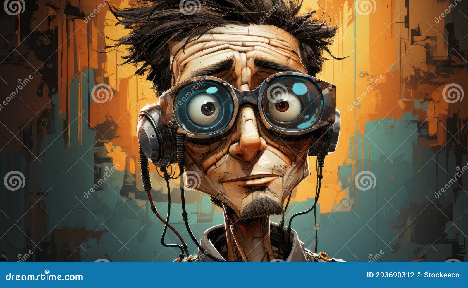 quirky futuristic comic book character with headphones
