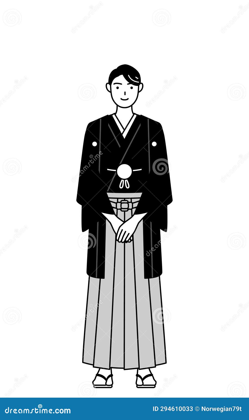 man wearing hakama with crest bowing with folded hands