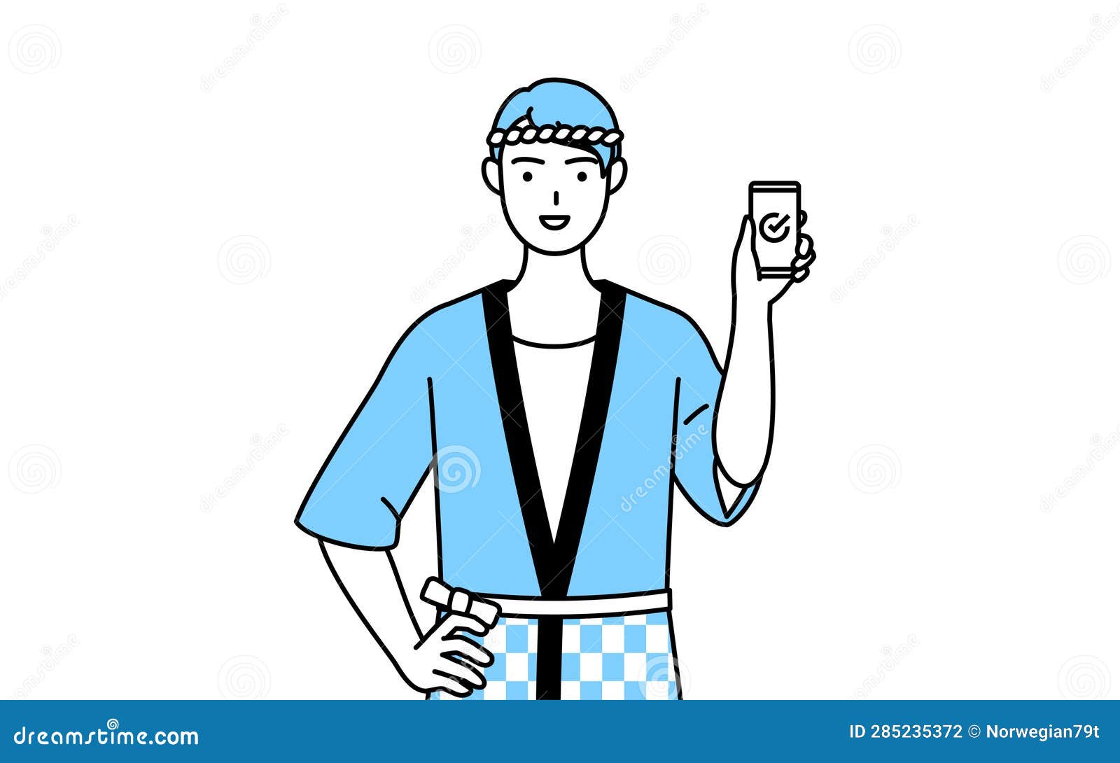 man wearing happi coat for summer festivals using a smartphone at work