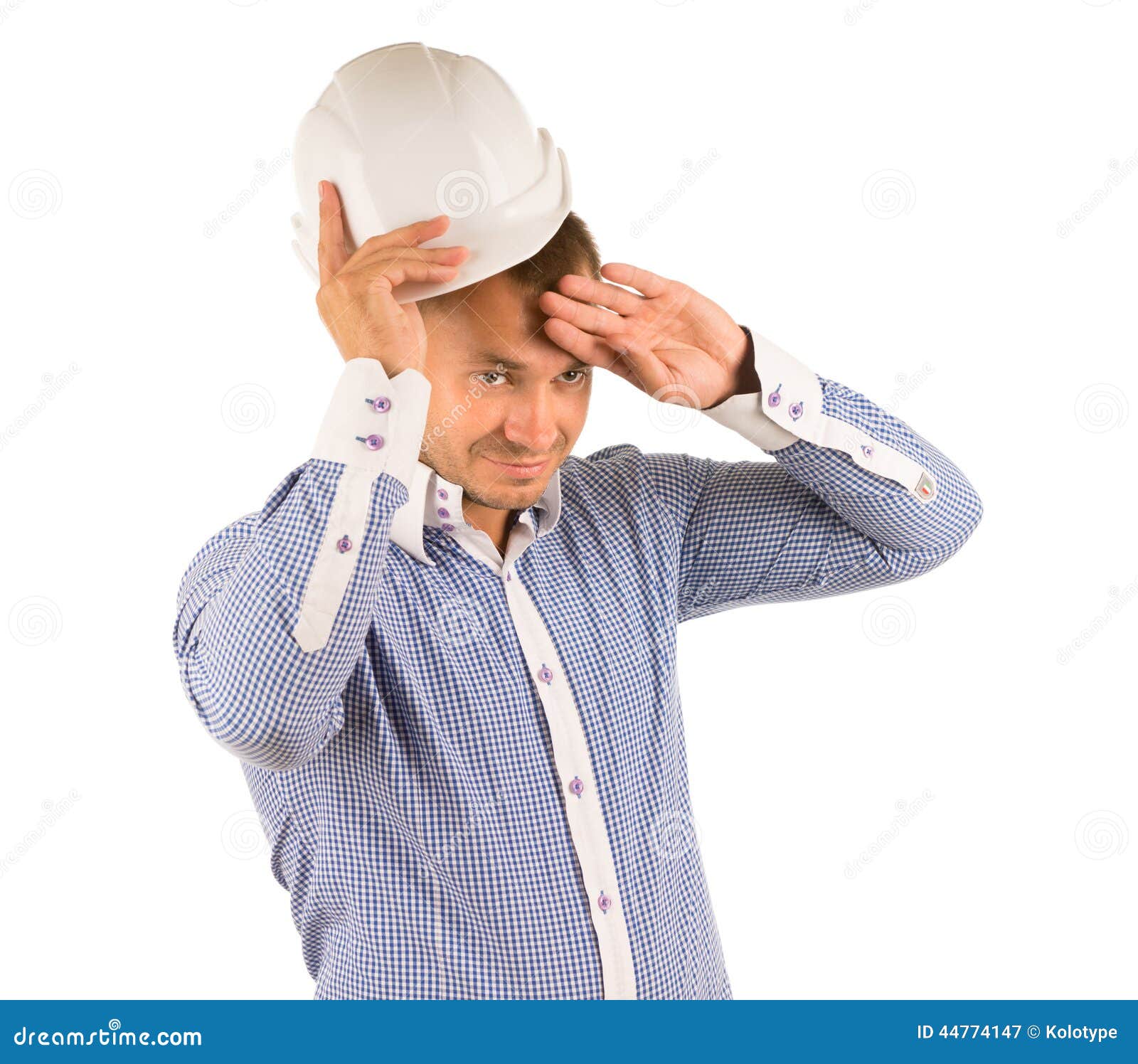 Man Wearing Hard Hat Wiping Forehead with Hand Stock Image Image of