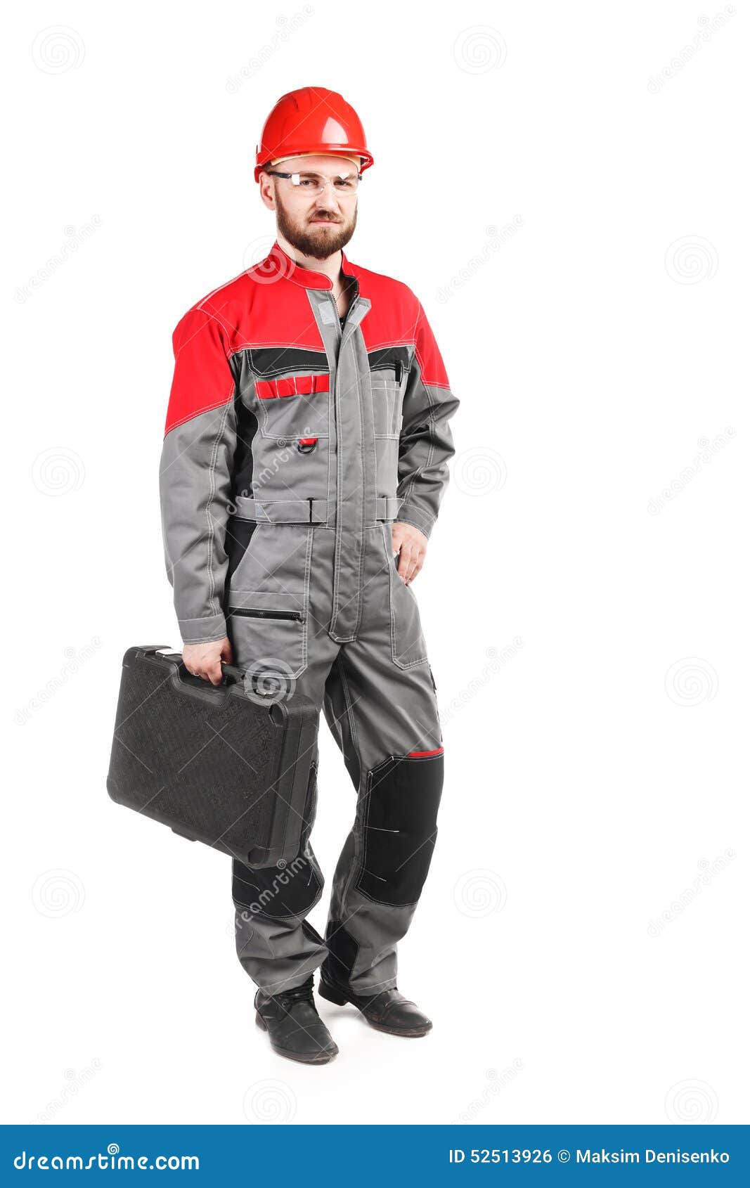 Man Wearing Overalls with Red Helmet with Toolkit on White Backg Stock