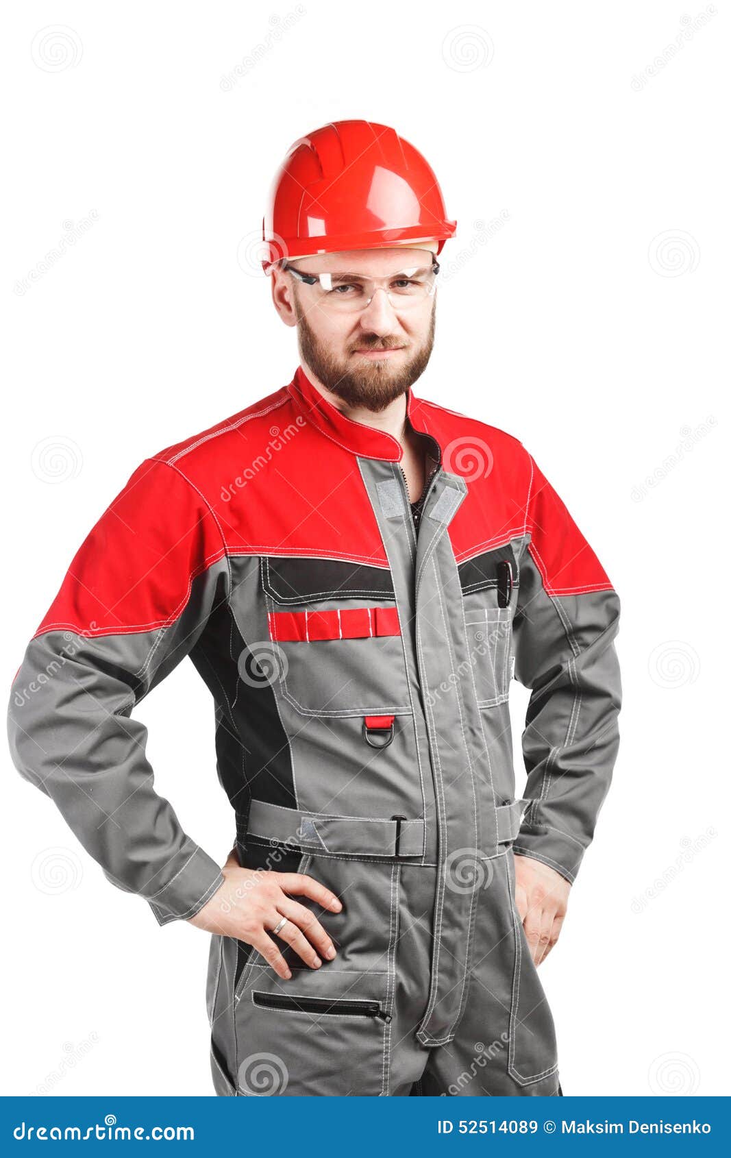 Man Wearing Overalls with Red Helmet Stock Image Image of carpenter, handsome 52514089
