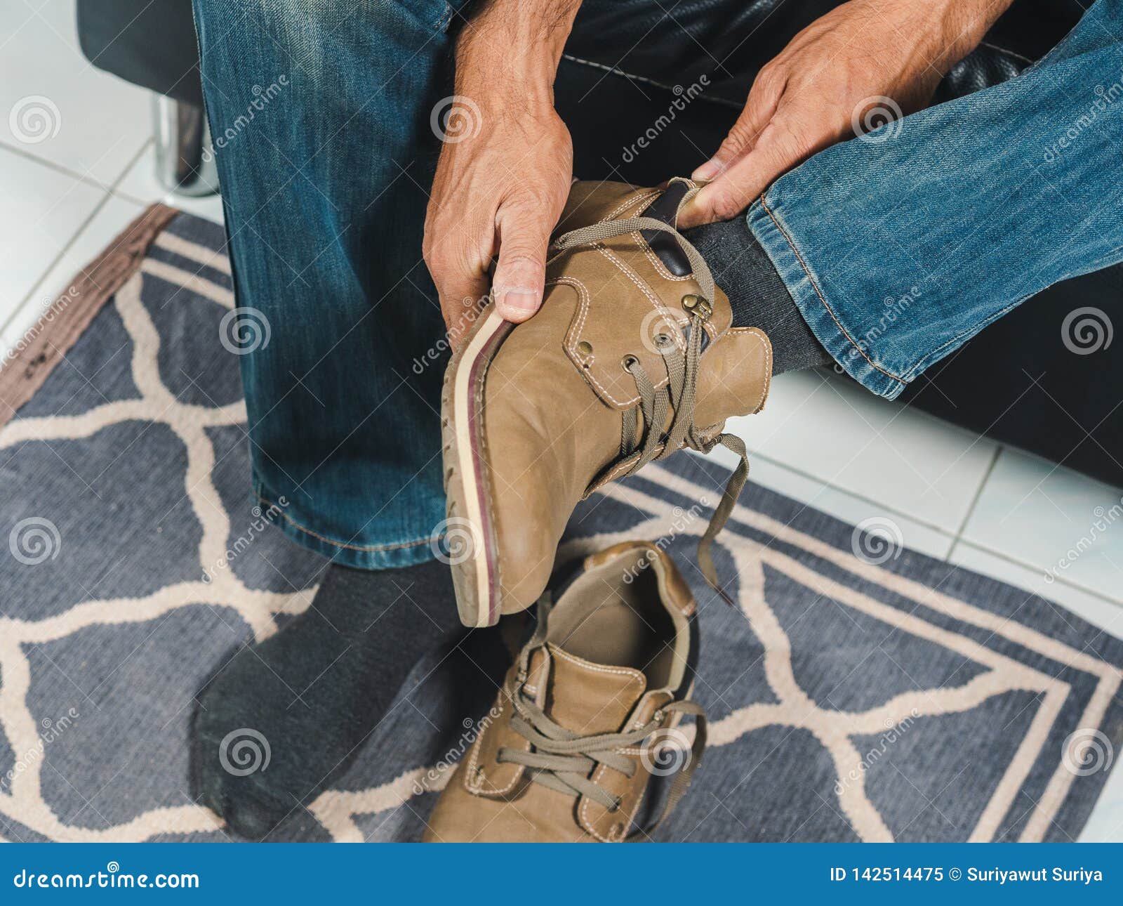 The Man is Wearing the Shoes in the House Stock Image Image of formal, leather 142514475
