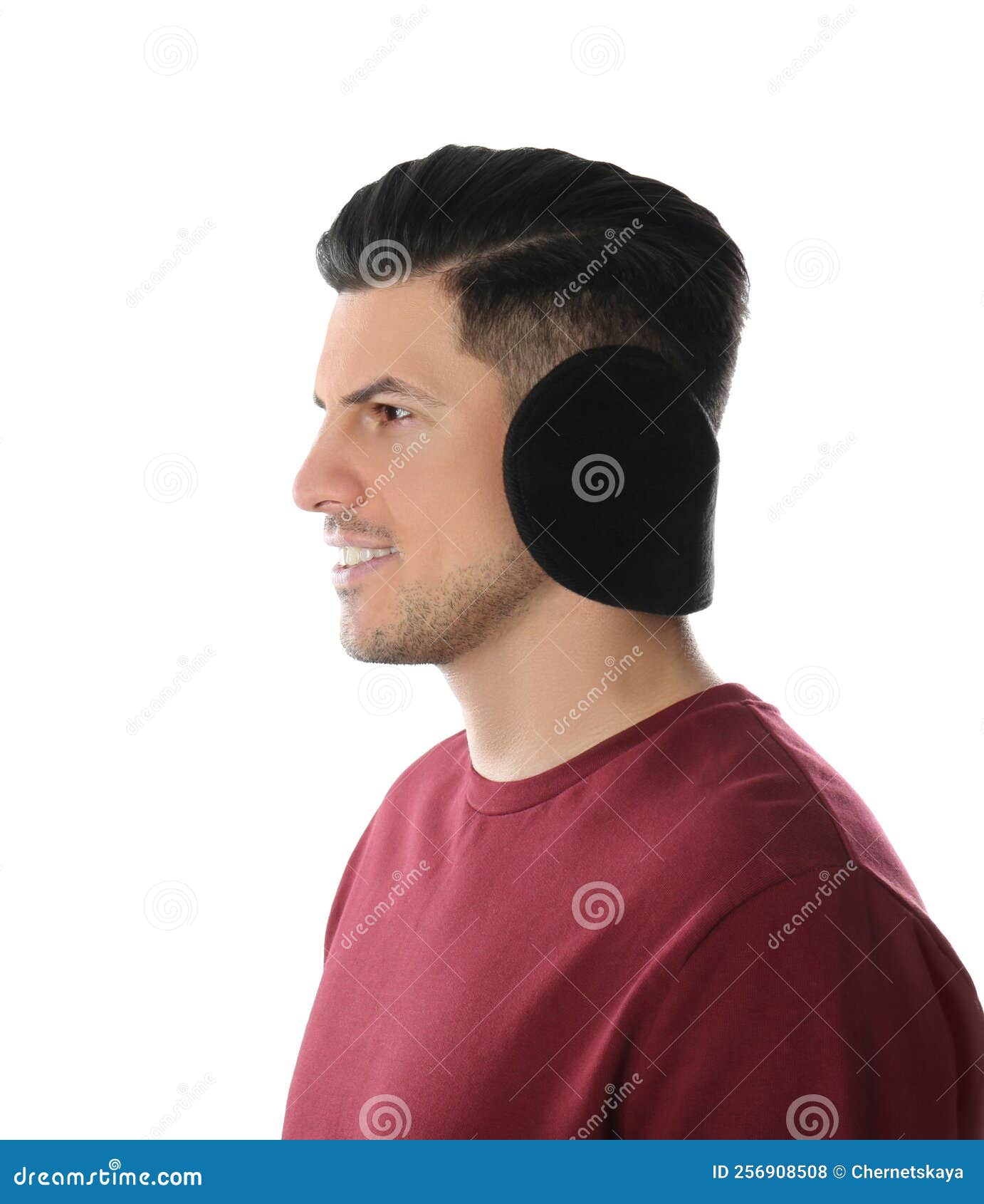 Man Wearing Stylish Earmuffs on White Background Stock Photo Image of