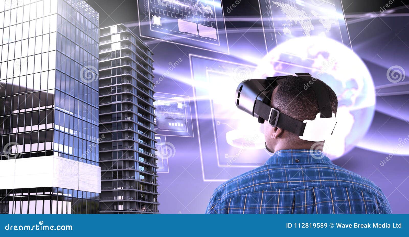 Man Wearing Virtual Reality Headset with Tall Buildings with World and