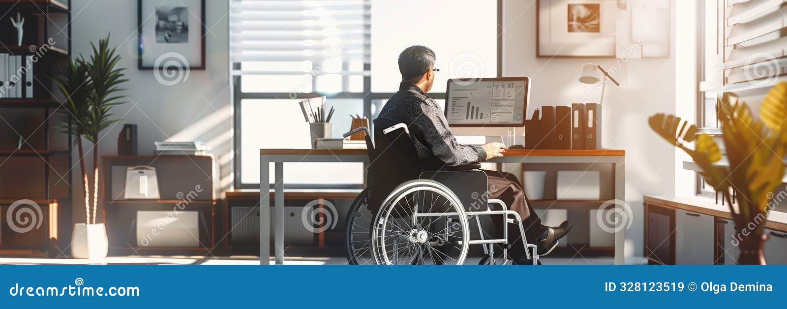 man in a wheelchair working at a computer in a contemporary office. promotes workplace accessibility and inclusivity for