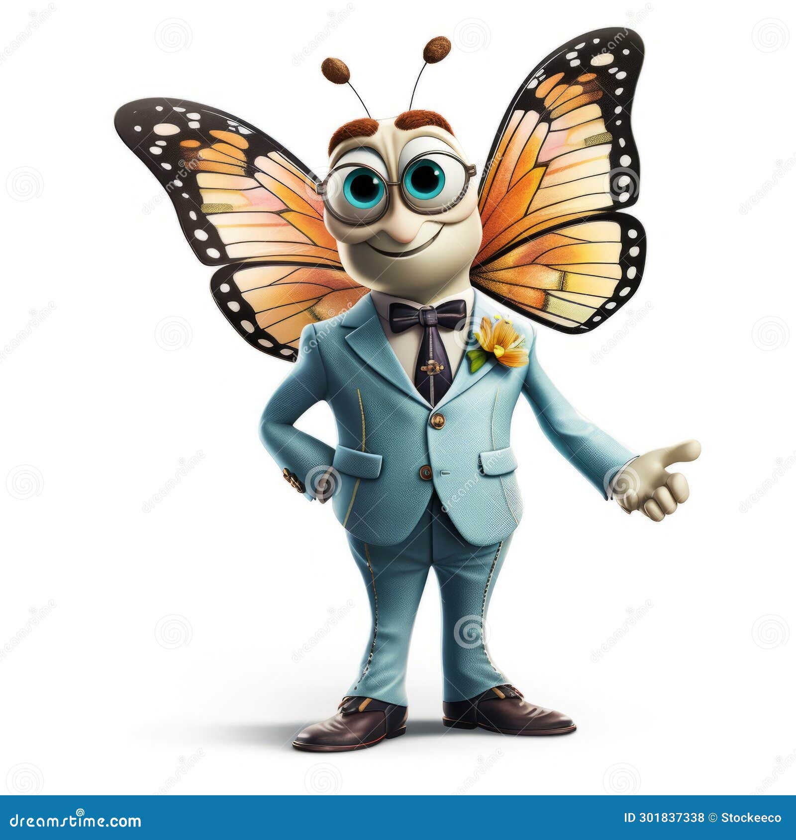 sophisticated frenchy: a photorealistic cartoon man in a butterfly costume
