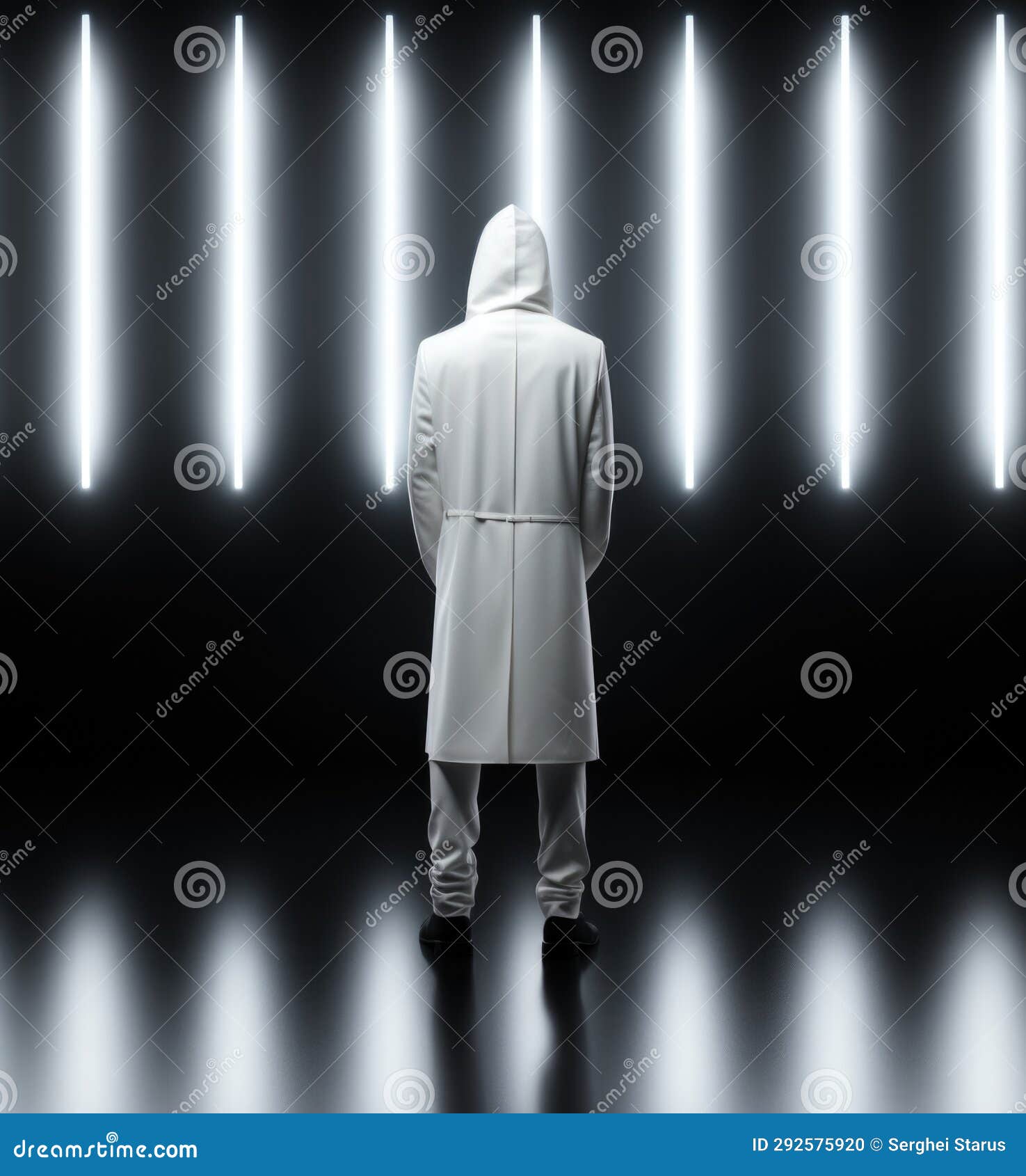 A Man in a White Coat Standing in Front of a Spotlight, AI Stock