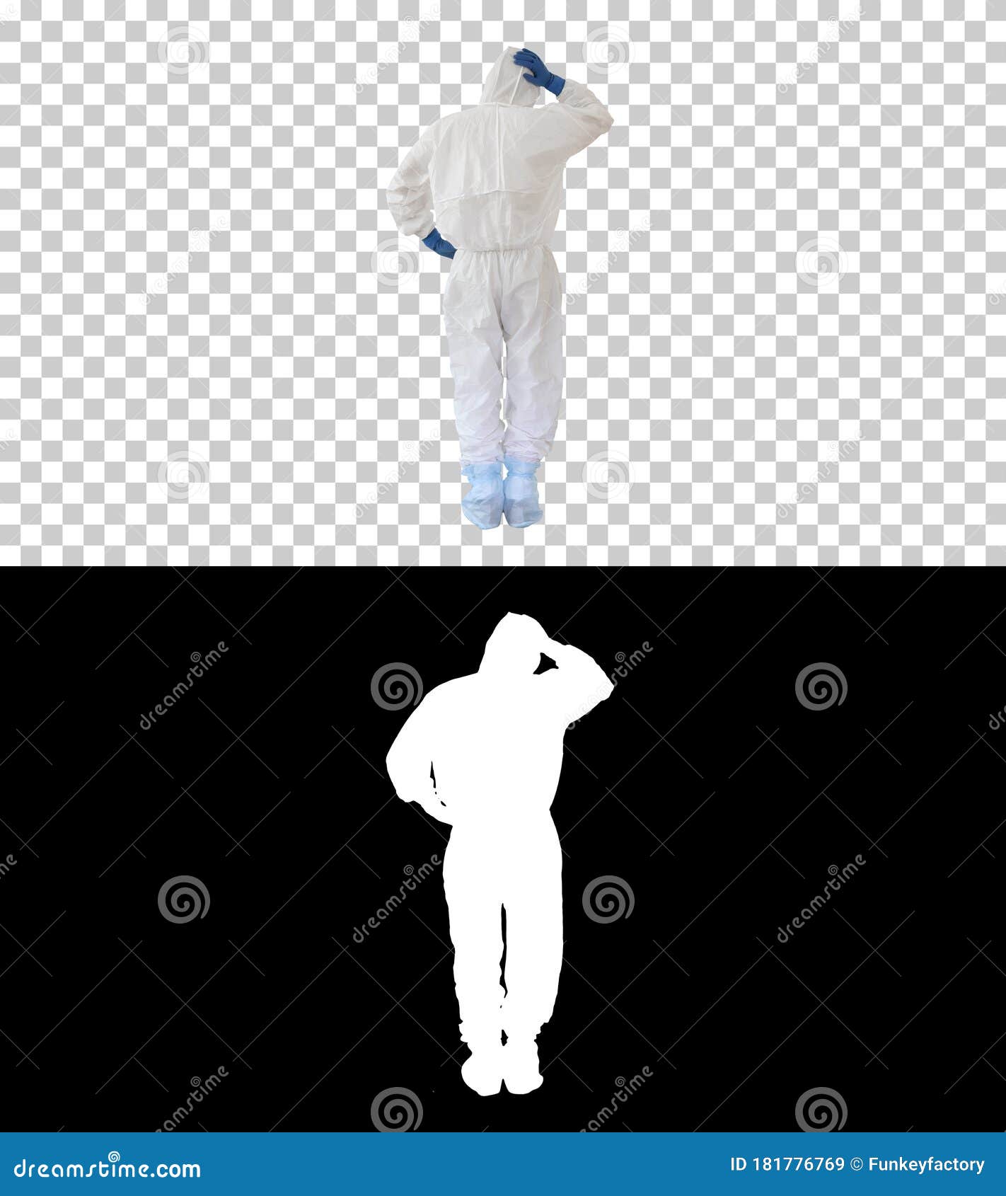 man in a white decontamination suit putting hand on his head bad situation, alpha channel