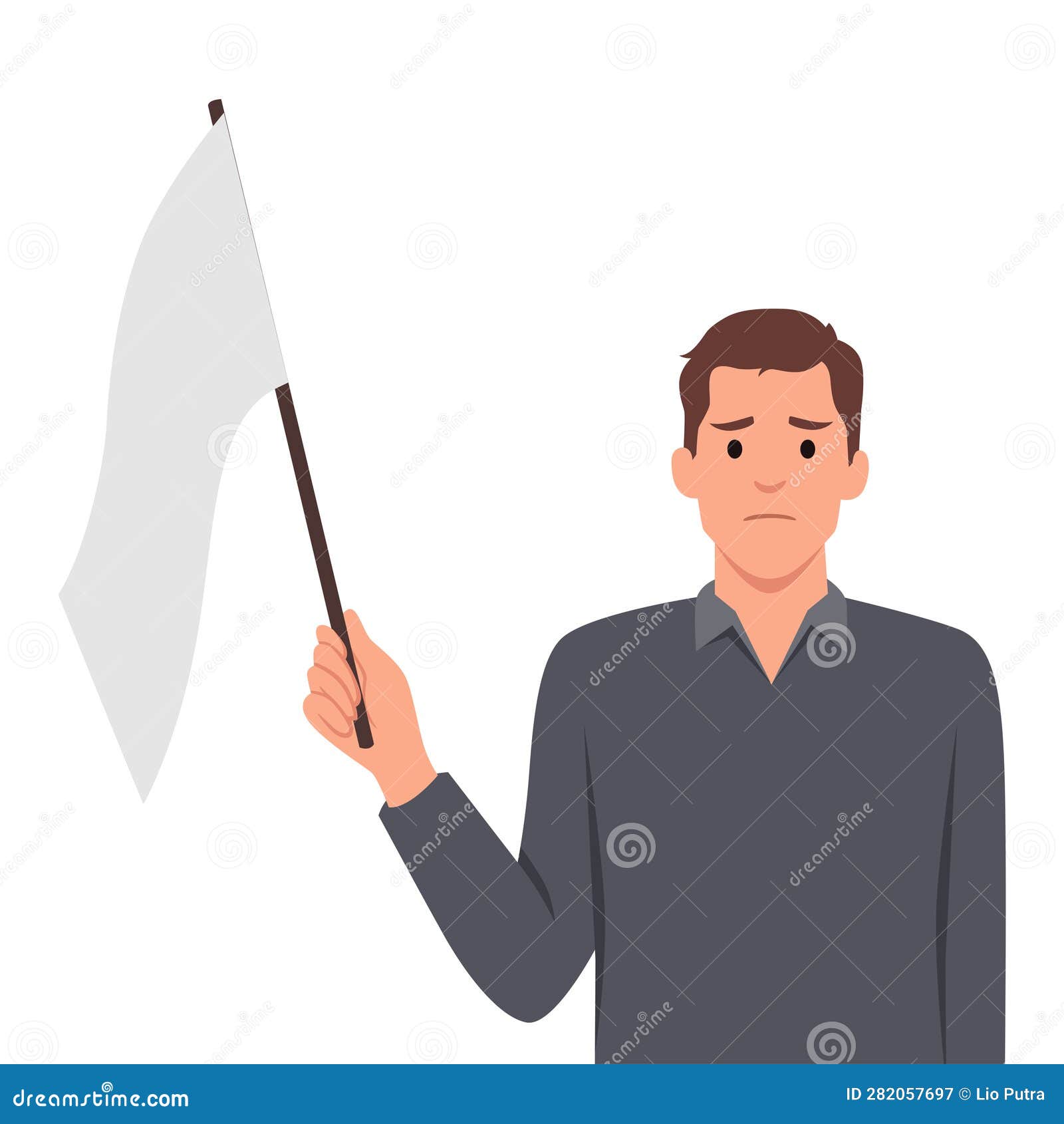 man with white flag gives up, admitting own defeat due to lack of strength and motivation to fight and achieve goals