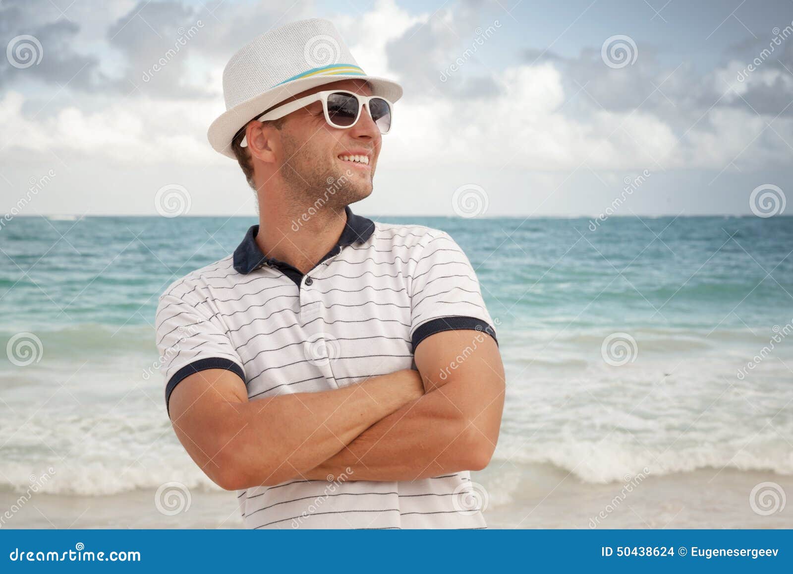 Man in White Hat and Sunglasses on the Sea Coast Stock Photo - Image of ...