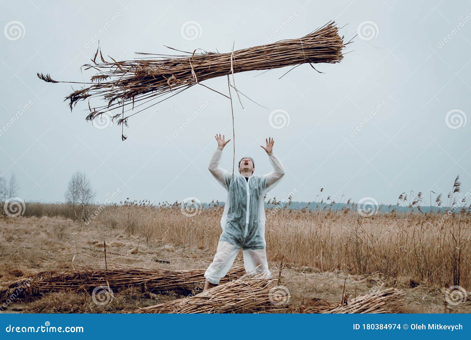 A Man in a White Protective Overalls Throws Up a Sheaf of Hay. Virus