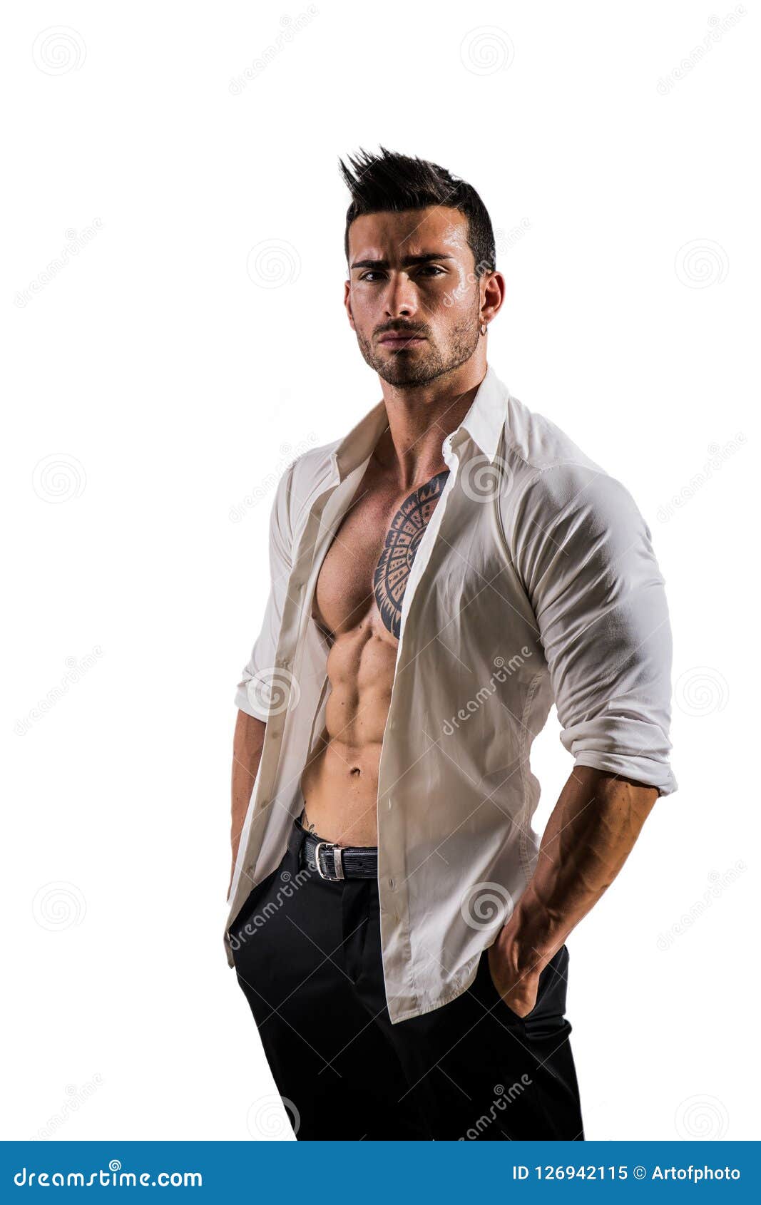 Man with White Shirt Open on Naked Torso Stock Image - Image of muscles ...