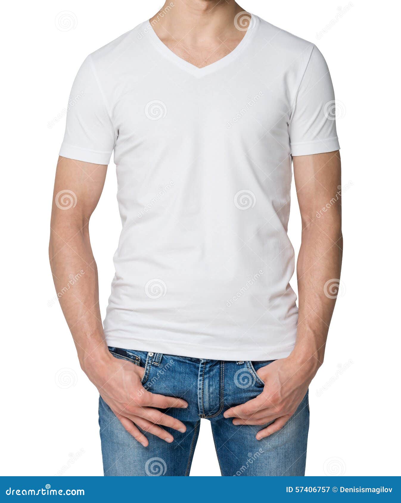 Man in a White V Shape T-shirt, Hands in Pockets. Stock Image - Image of  back, relaxed: 57406757