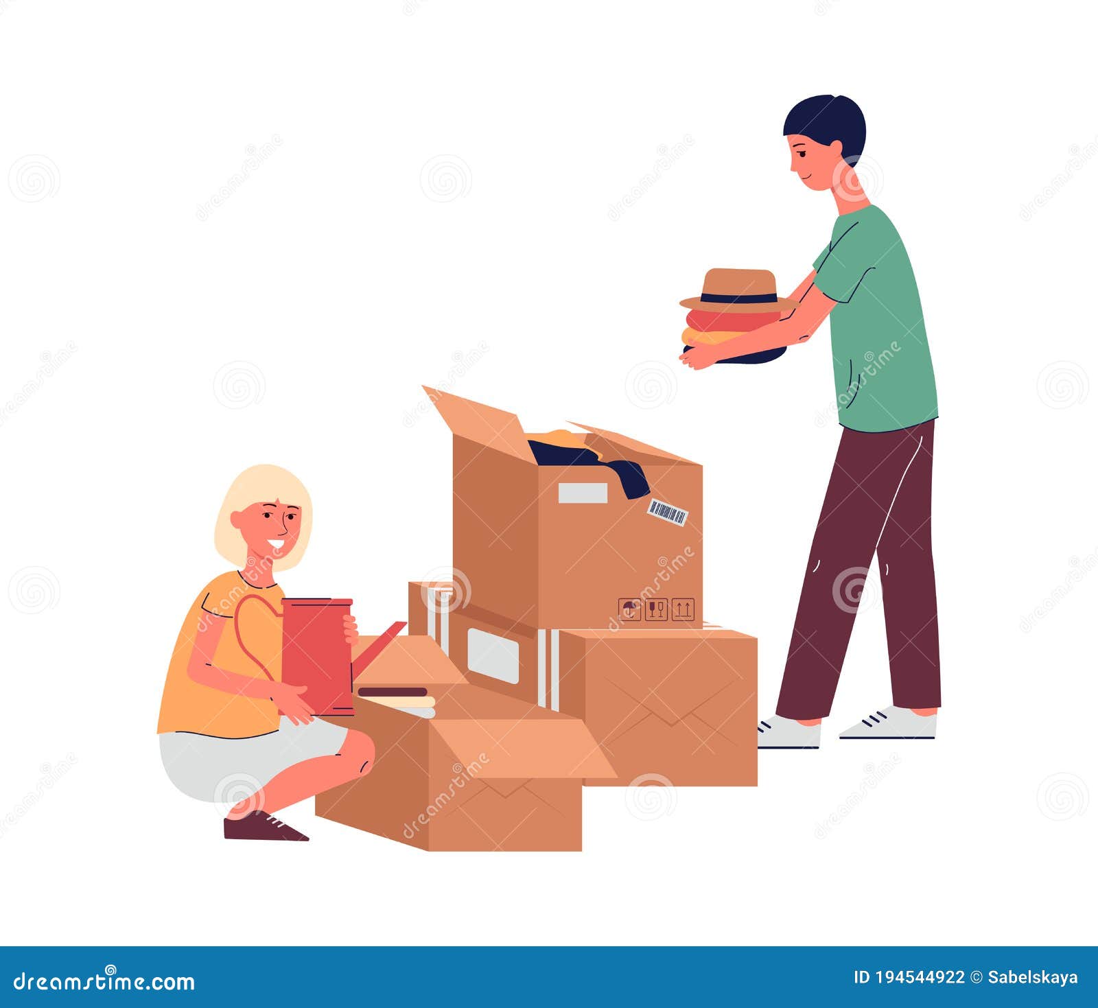 Man and Woman Packing Boxes for House Moving Flat Vector Illustration  Isolated. Stock Vector - Illustration of isolated, estate: 194544922