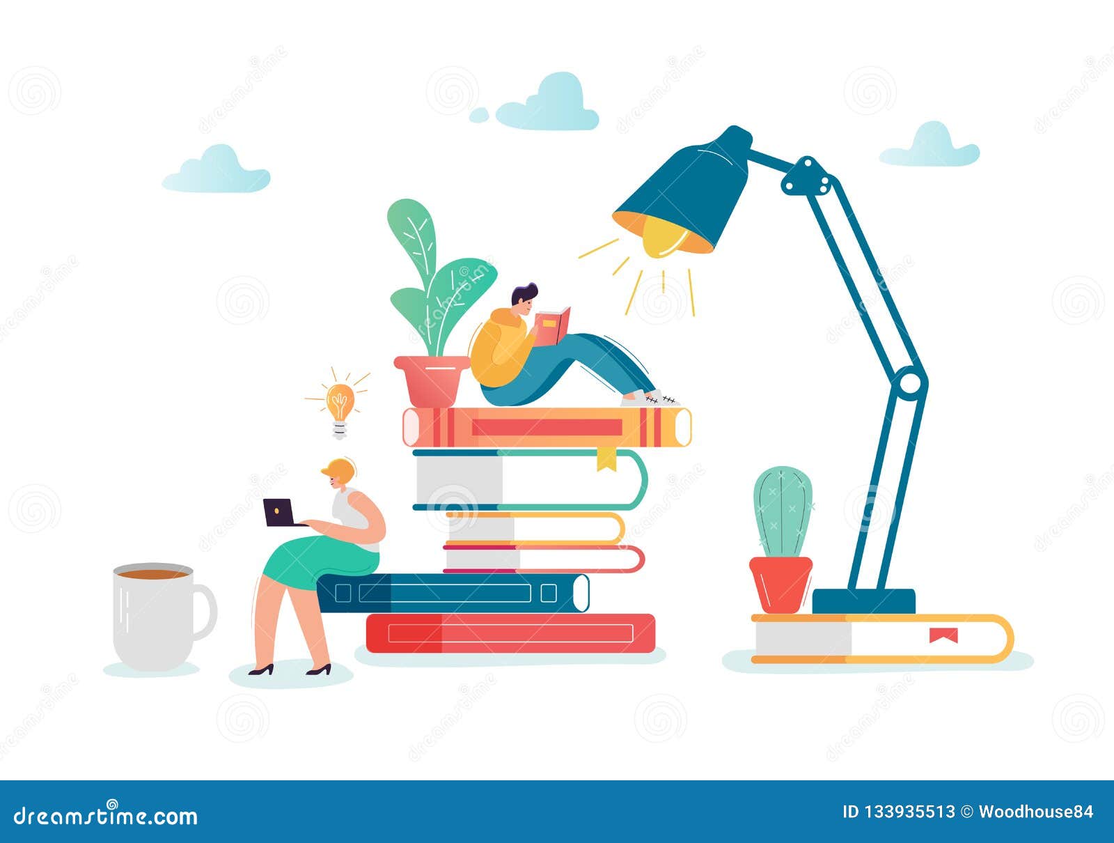 man and woman characters reading books. flat people sitting on stack of books. education, library literature concept