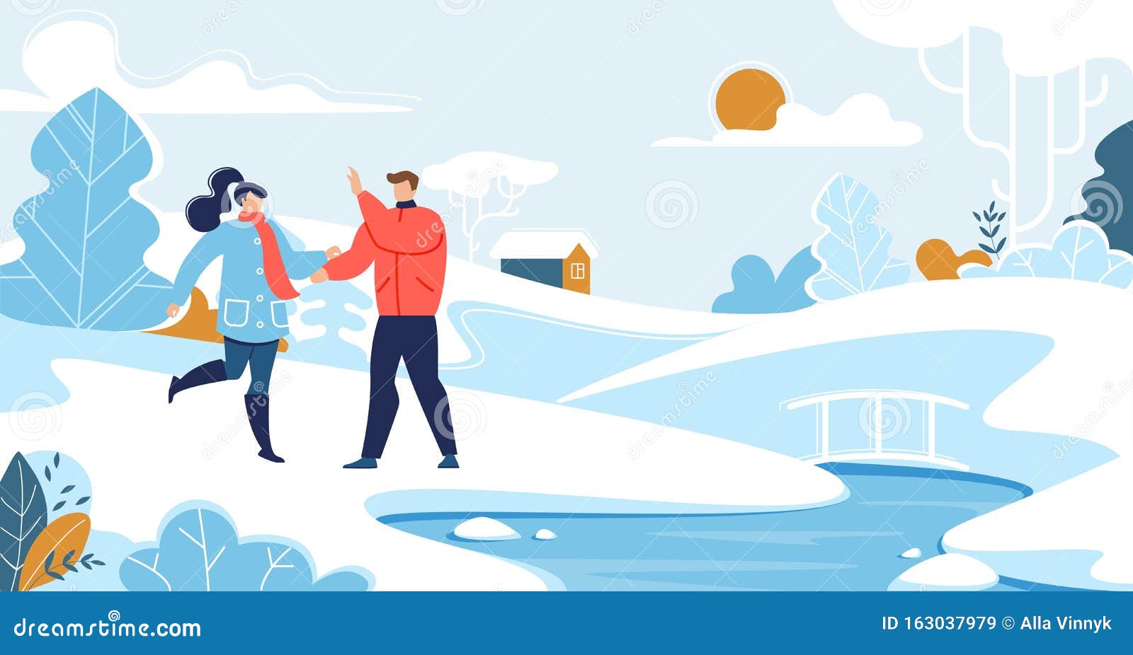 Man and Woman Couple Walk in Snowy Park Near River Stock Vector ...