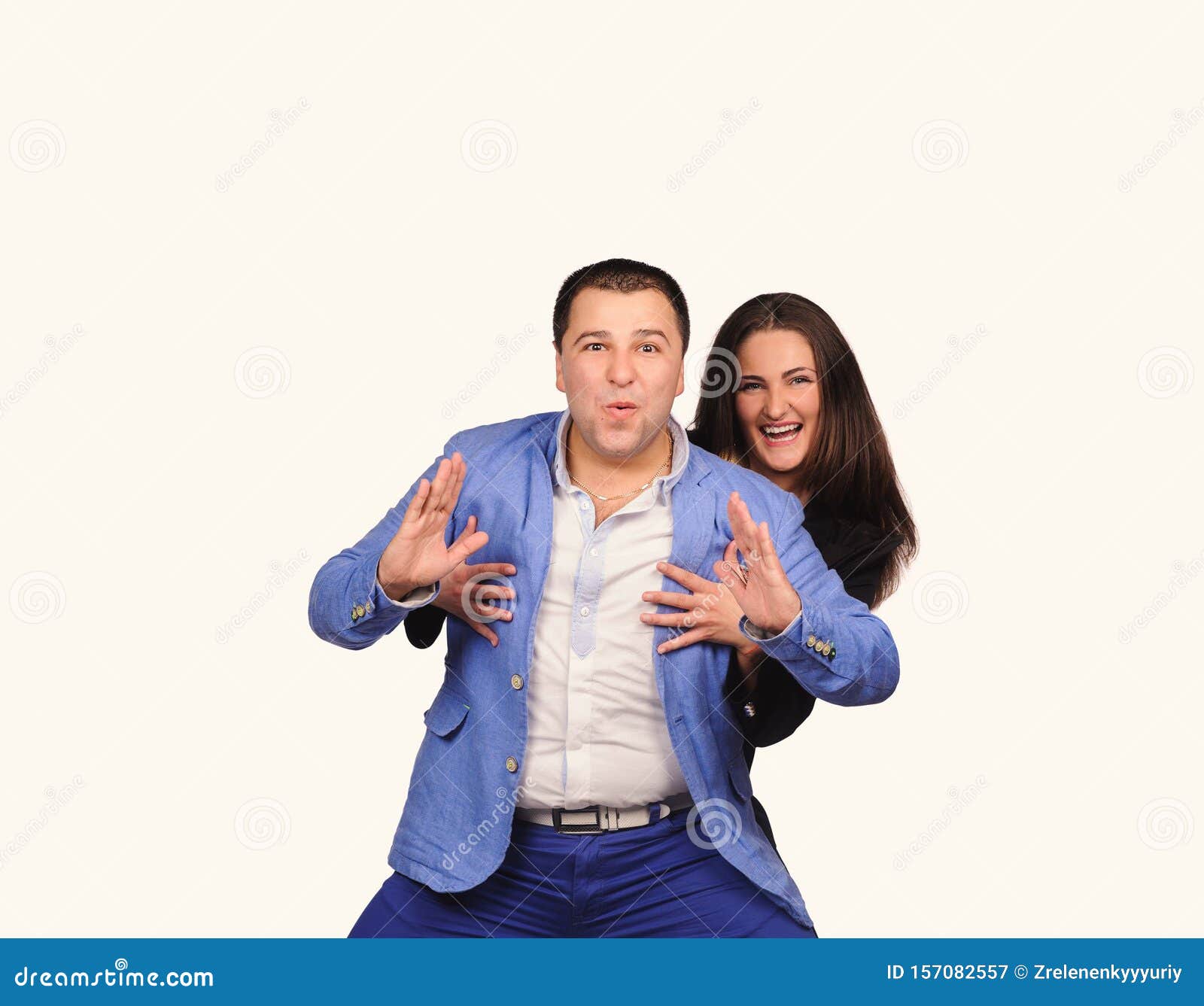 Man and Woman with Funny Faces Isolated Over White Background Stock
