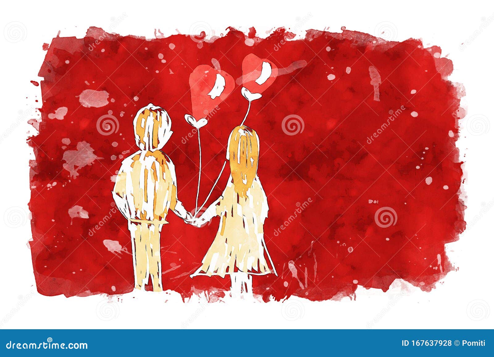 Man And Woman Holding Heart Shape Balloons On Red Watercolor Background, Valentine`s Day Card Stock Illustration - Illustration Of Valentine, Happy: 167637928
