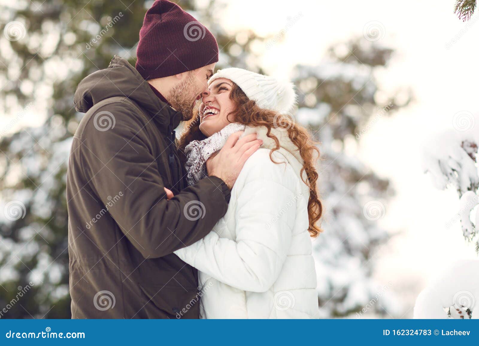 Man And Woman Kissing In Snowy Forest Stock Image Image Of Close Relationship 162324783