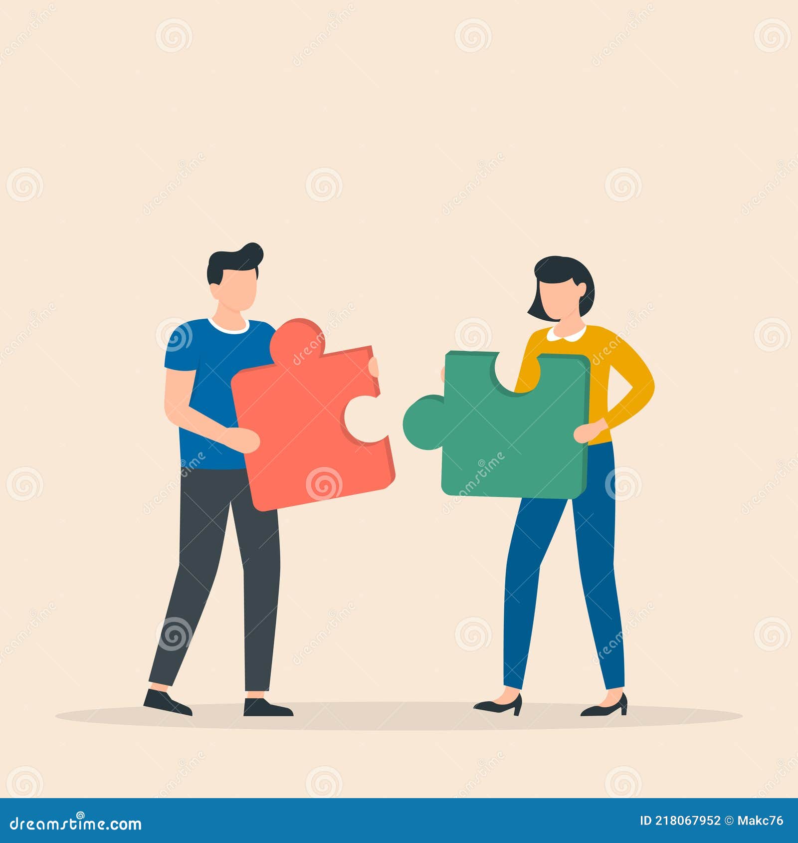 Man and Woman with Puzzle Pieces Working Together. Teamwork Concept ...