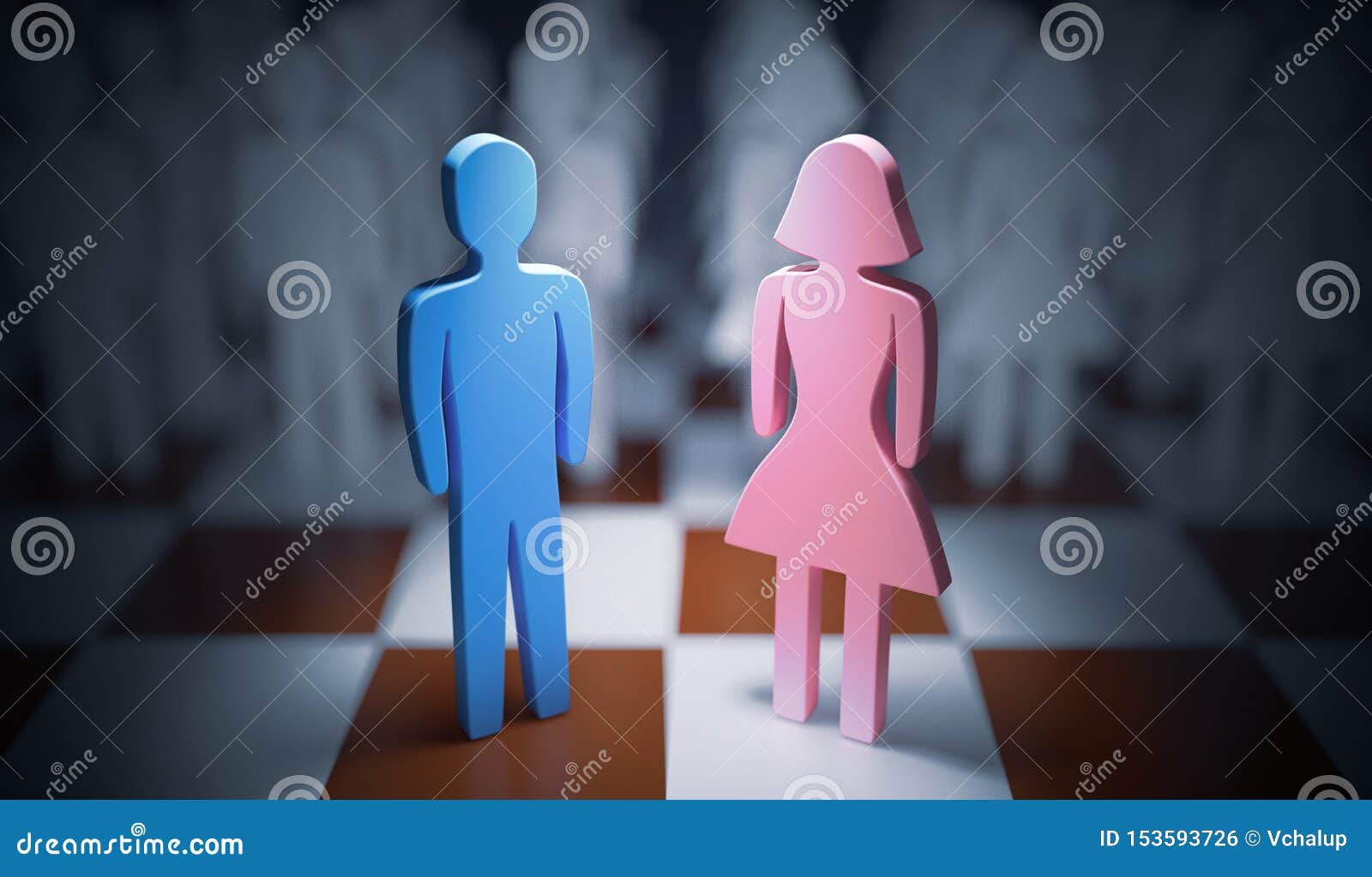 man and woman standing on chess board. gender equality concept. 3d rendered .