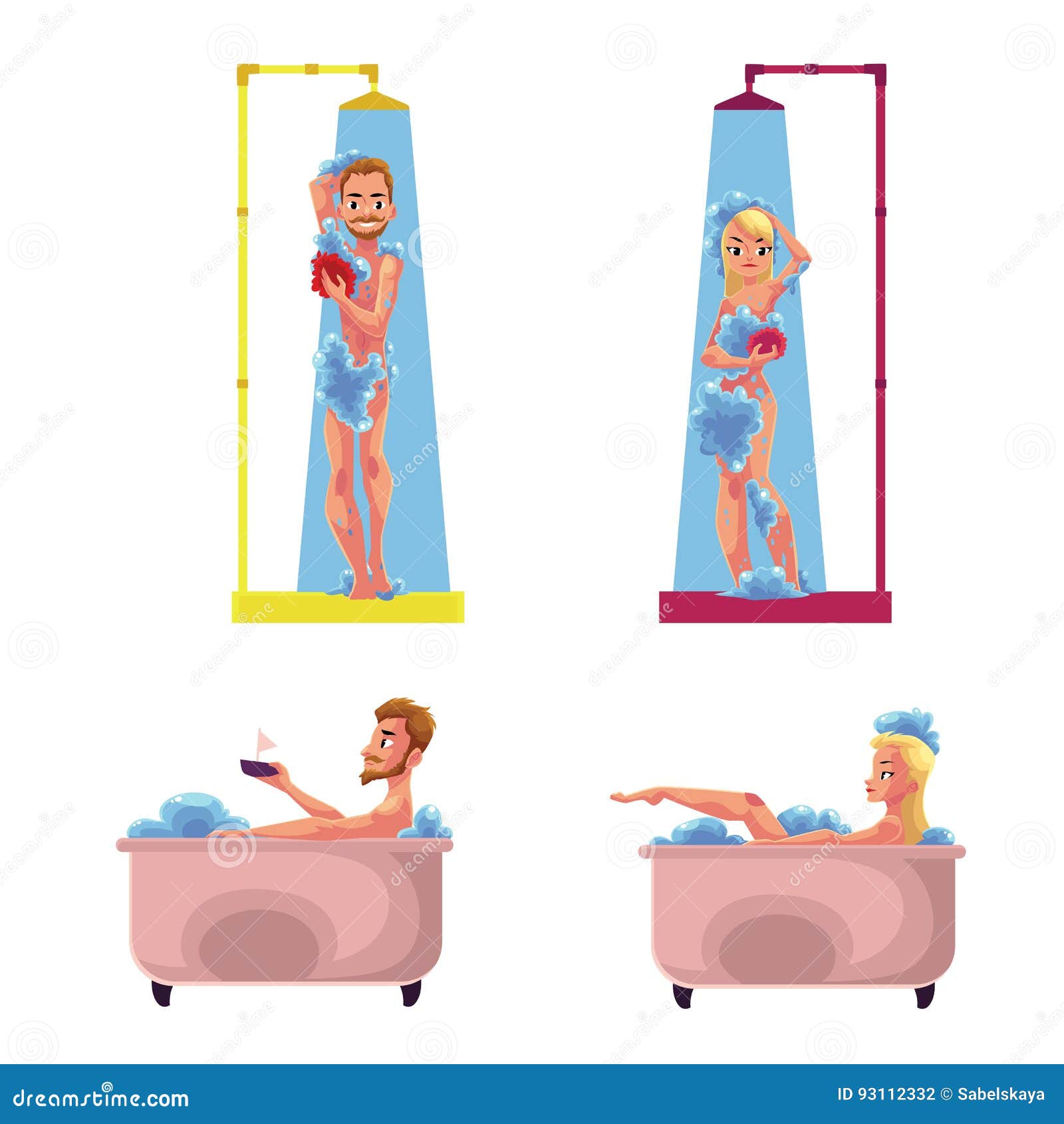 Man Woman Taking Shower Bath Washing Enjoying Bathing In Bathtub
