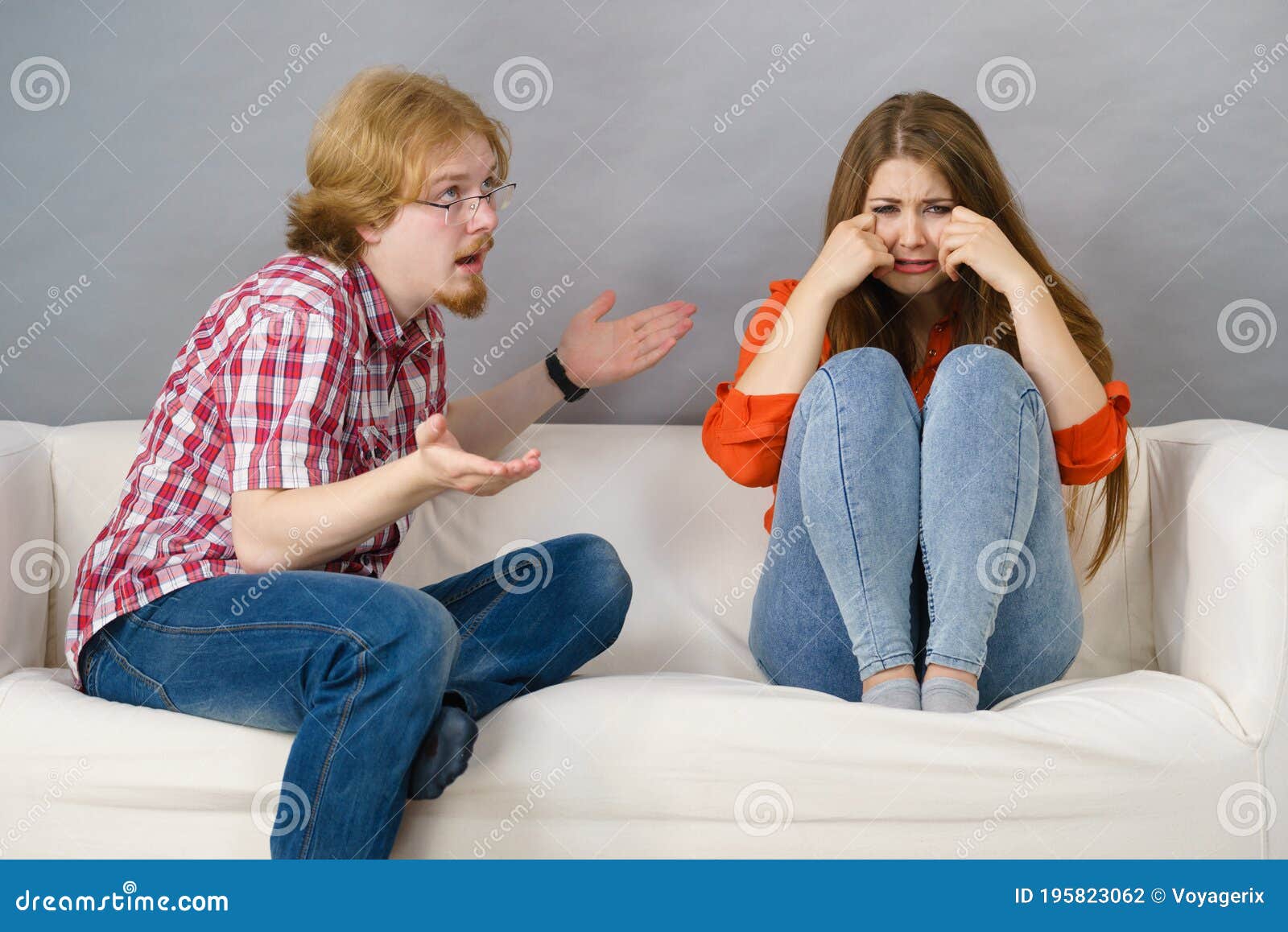 Woman and Man after Argue on Sofa Stock Photo - Image of crying ...