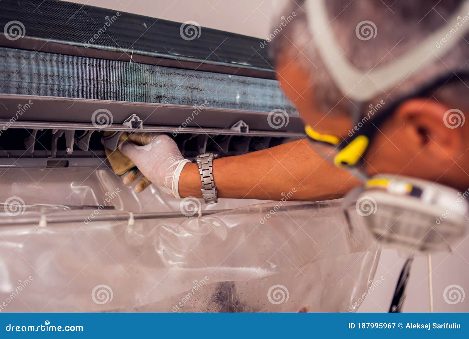 Man Worker Doing Cleaning of Air Conditioning Stock Image Image of