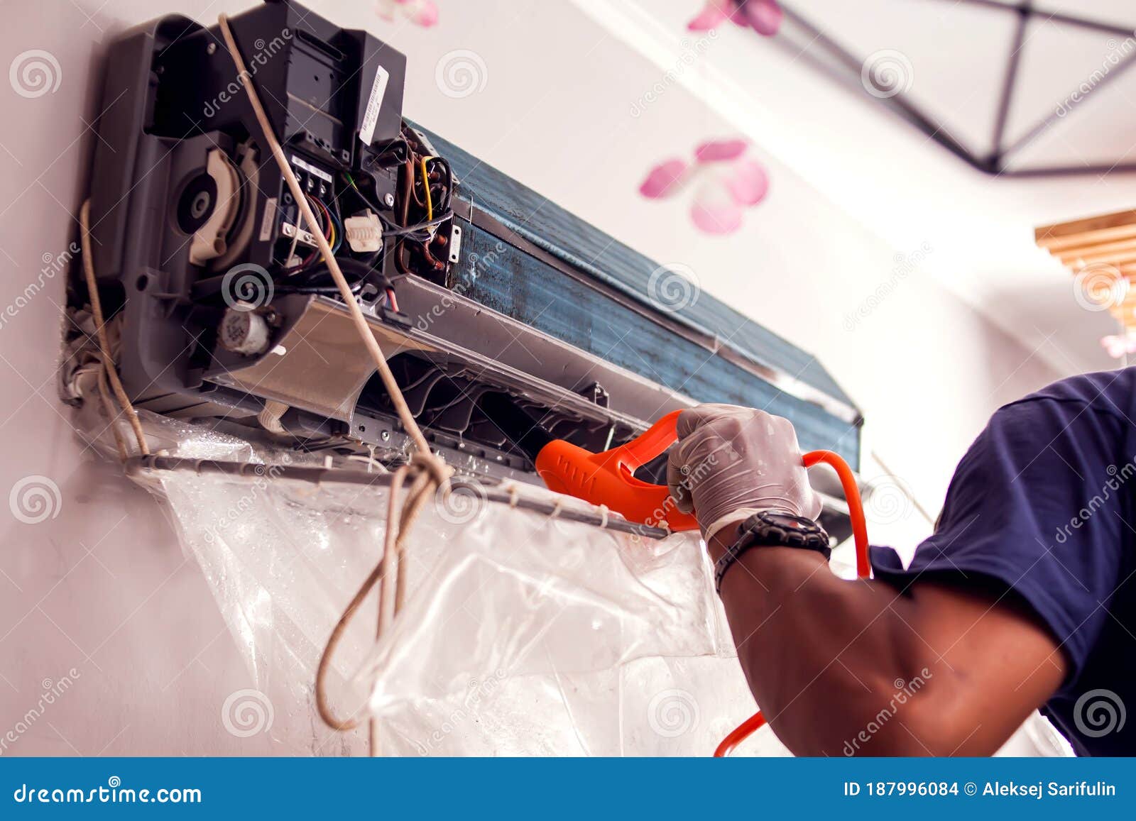 Man Worker Doing Cleaning of Air Conditioning Stock Photo Image of